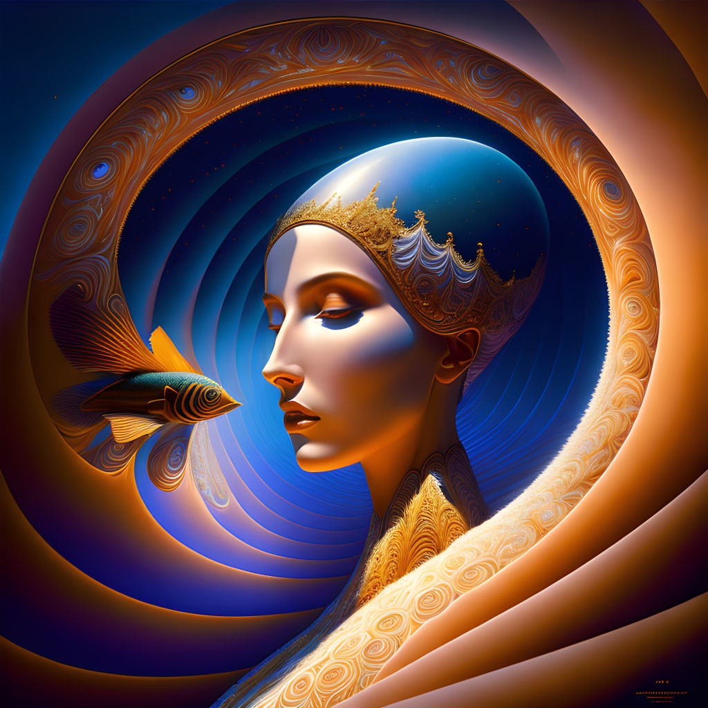 Surrealistic Woman Profile Artwork with Cosmic Backdrop and Spirals in Warm Color Palette