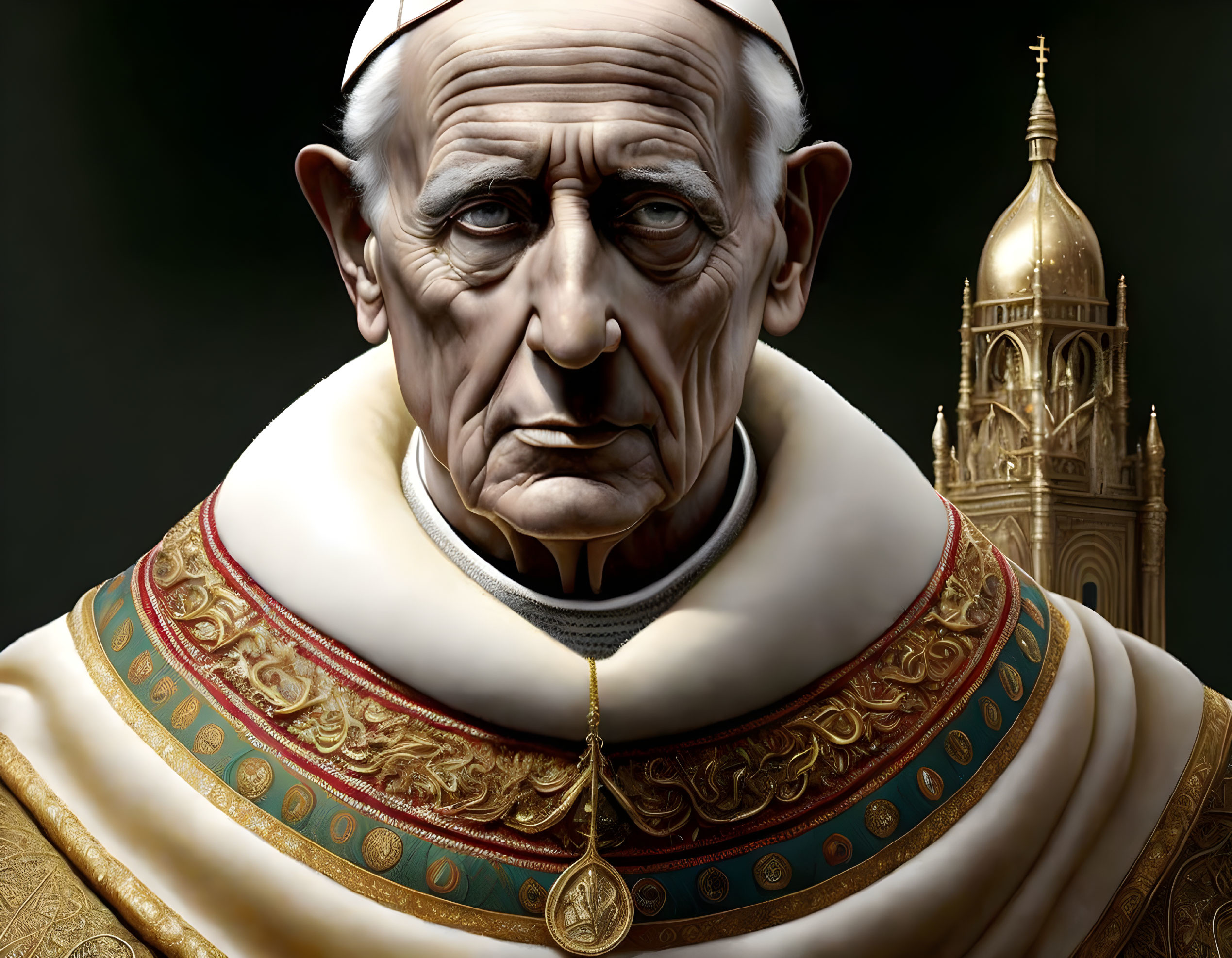 Hyper-realistic digital portrait of elderly man in papal vestments