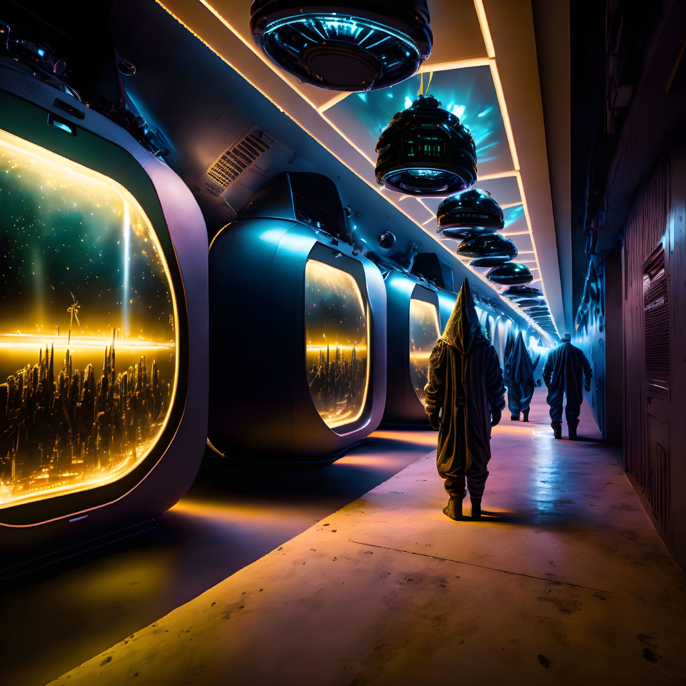 Futuristic corridor with cloaked figure and cosmic landscape through windows