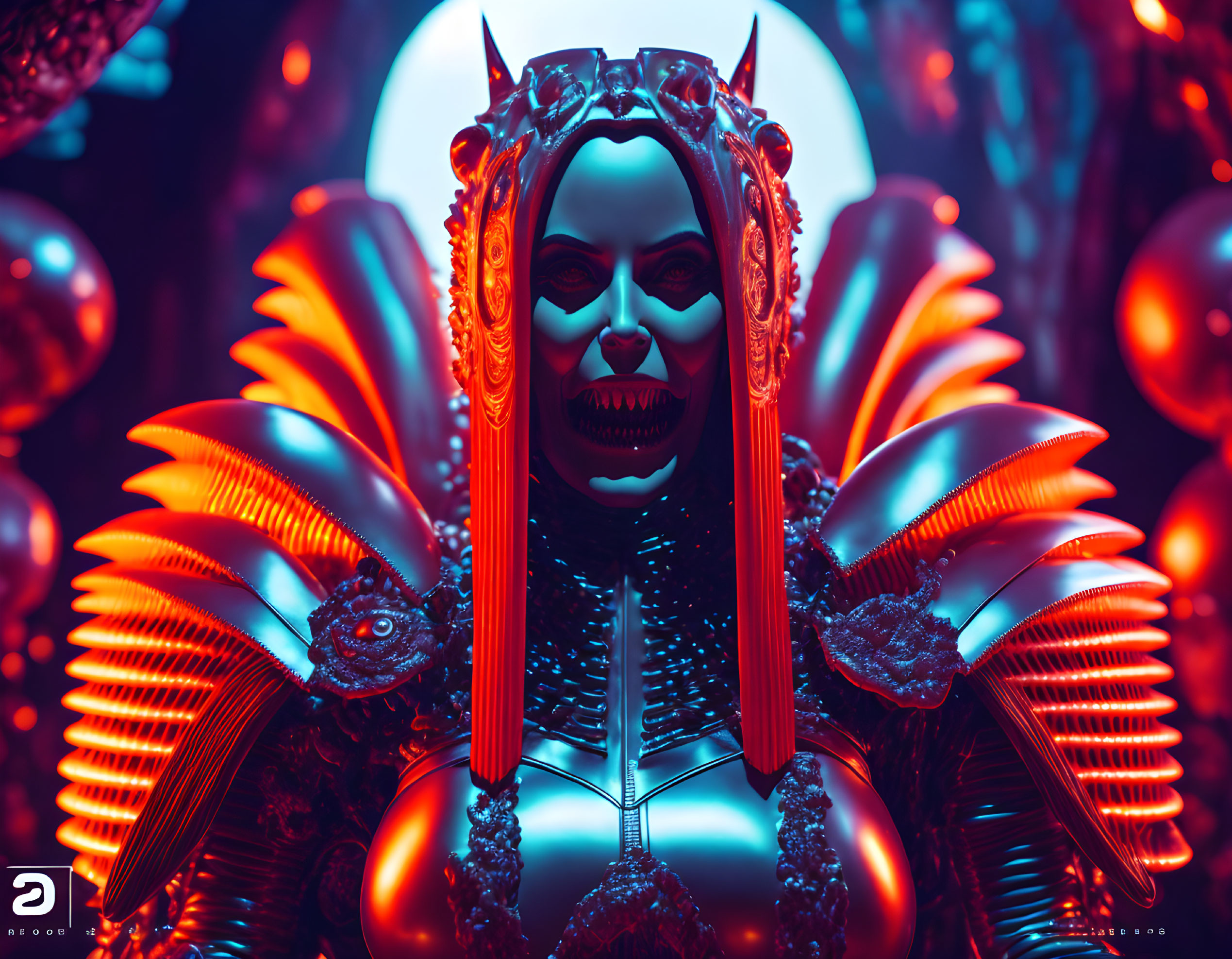 Elaborate demon-inspired costume portrait with horns and intricate details