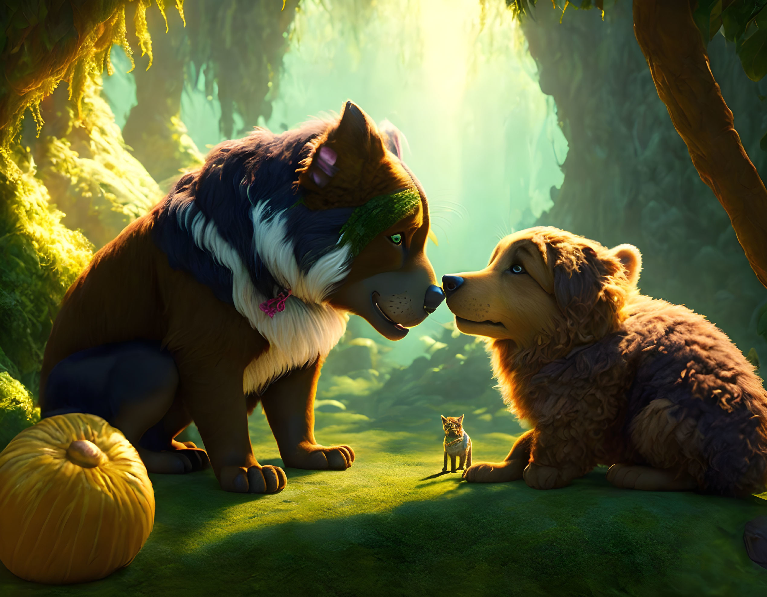 Two Large Animated Dogs with Tiny Kitten in Sunlit Forest