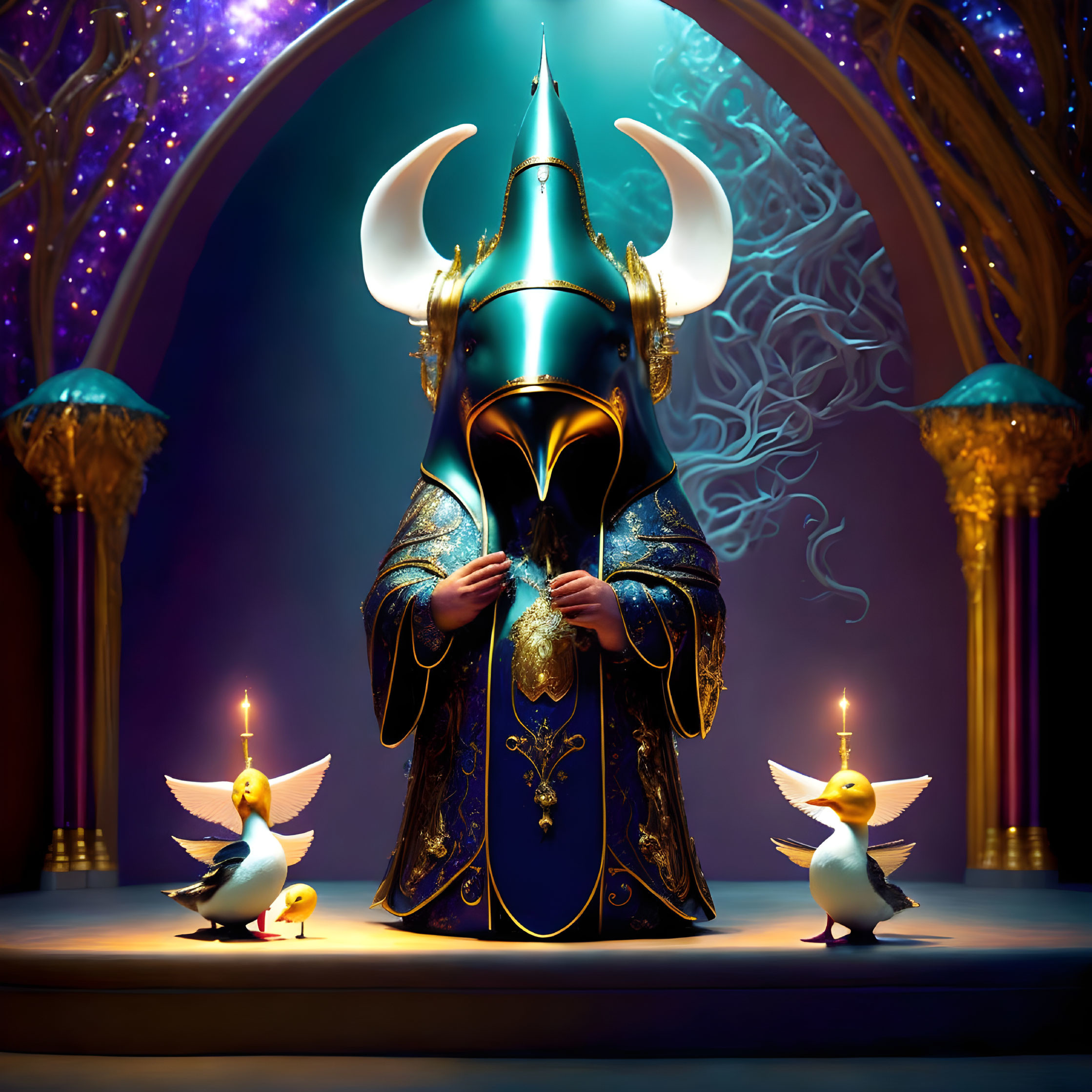 Mystical figure in ornate armor with horned helmet, doves, candles in gothic