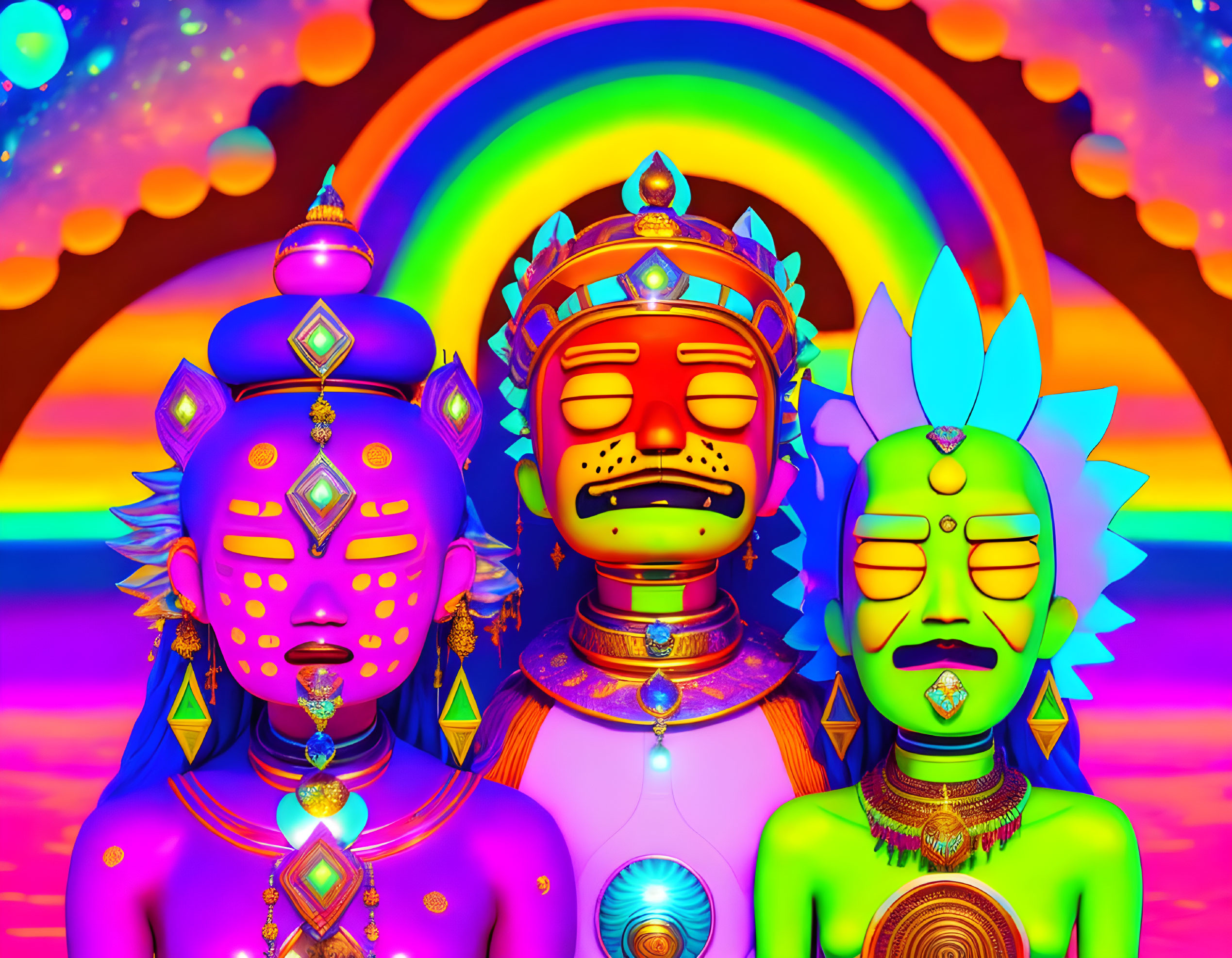 Colorful Psychedelic Hindu Deity Figures on Rainbow Neon Background