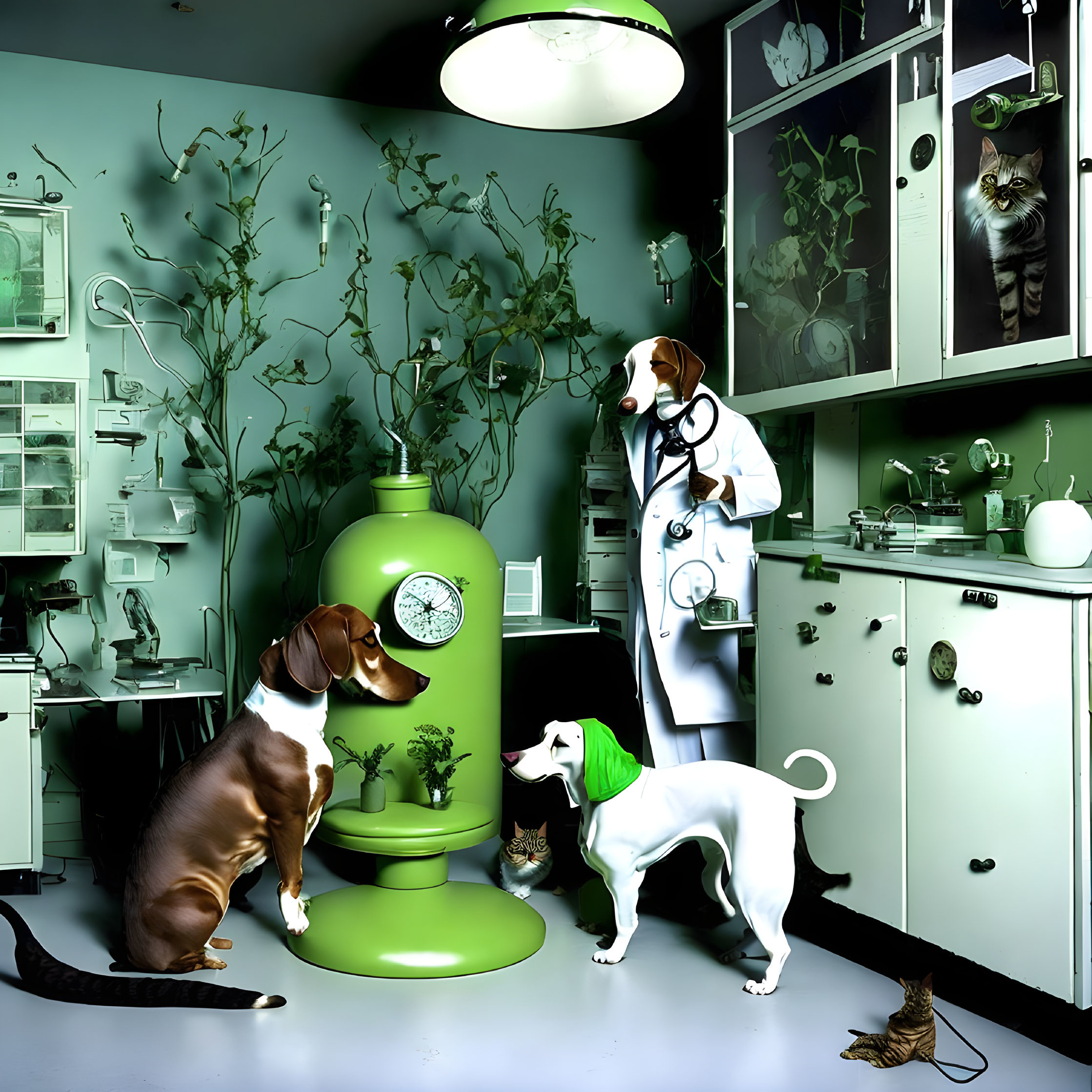 Anthropomorphic dogs and cats in green-toned laboratory setting