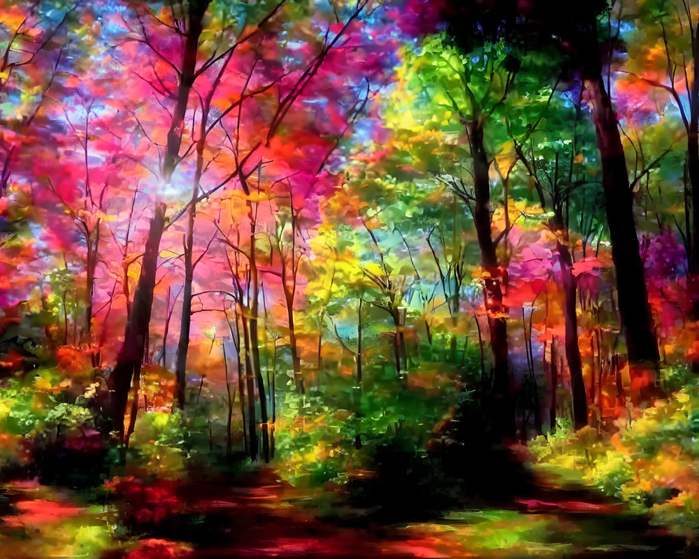 Colorful Forest with Sunlight Filtering Through Trees