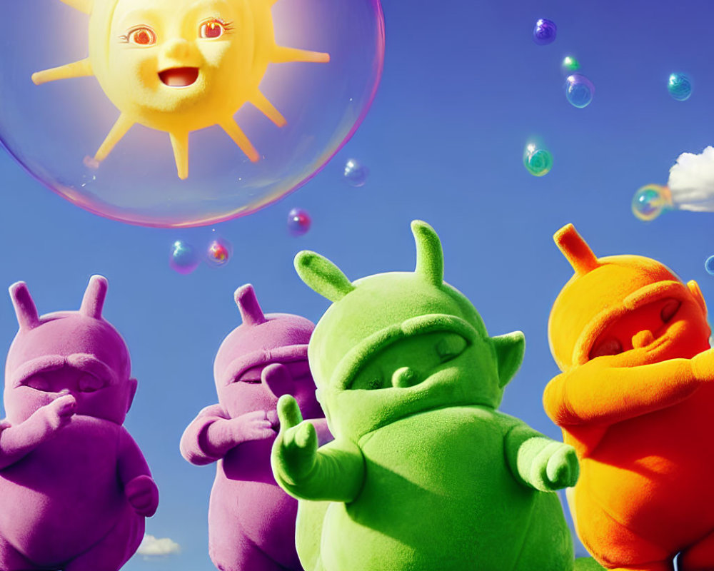 Animated creatures in Teletubbies style under a sunny sky with soap bubbles