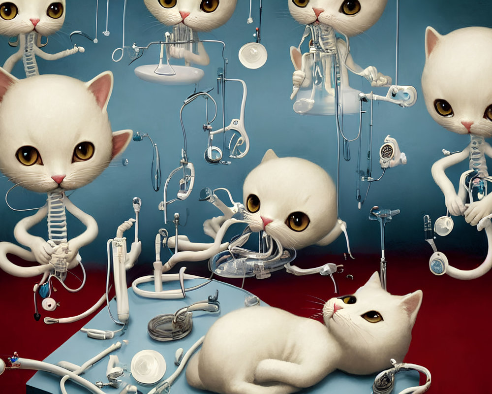 Surreal oversized cat heads with human-like eyes on mechanical bodies in blue setting