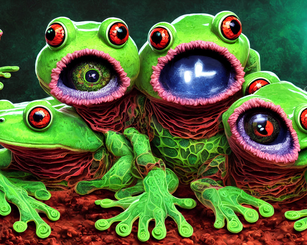 Colorful Cartoon-Style Frogs with Expressive Eyes on Dark Background