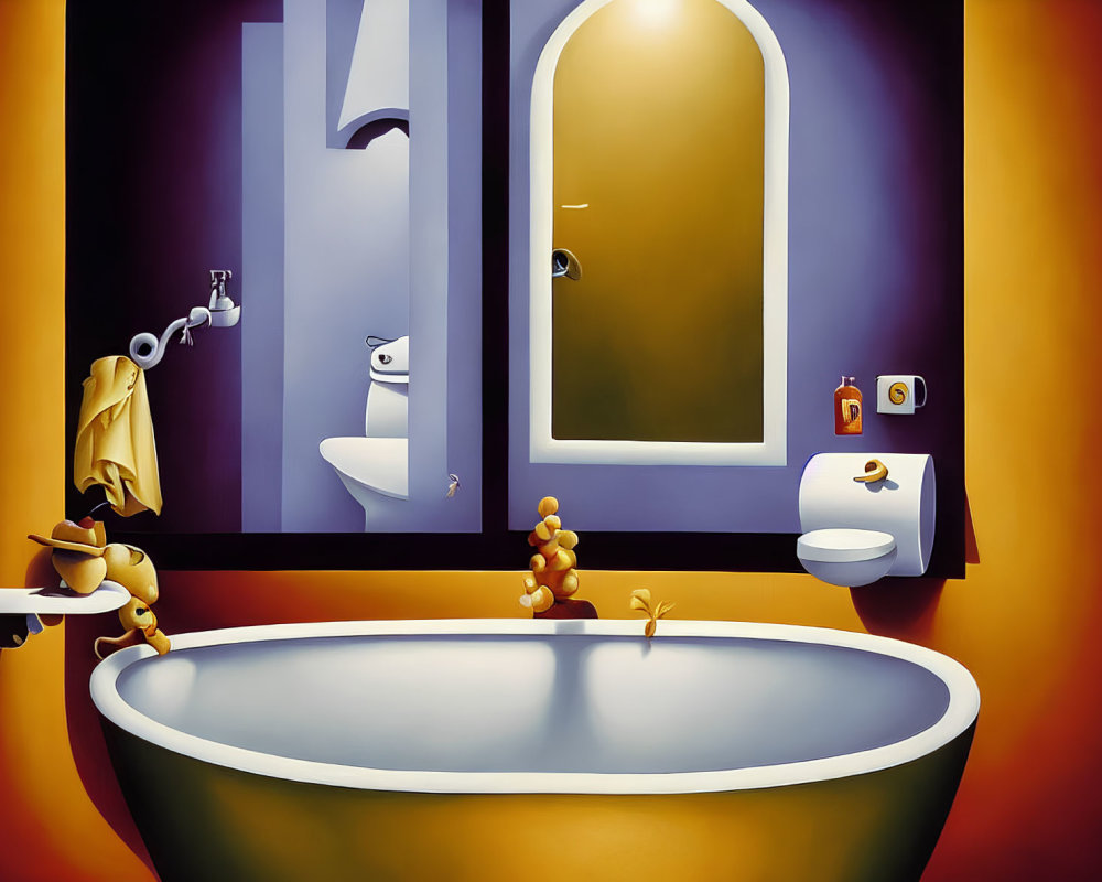 Surreal bathroom scene with oversized features and warm color palette