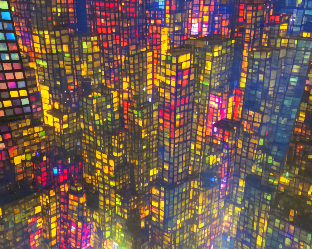 Colorful Abstract Cityscape with Illuminated Skyscrapers at Night