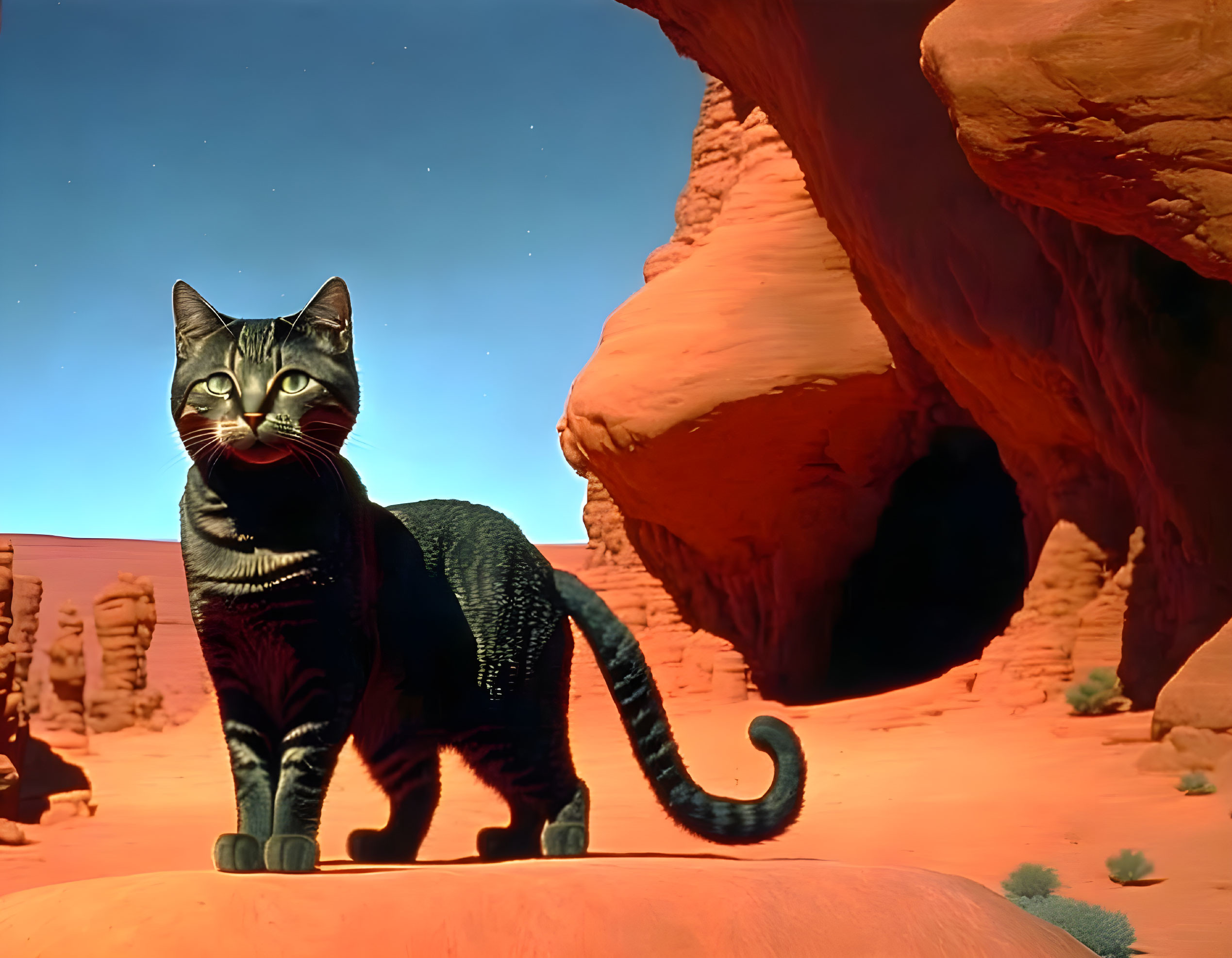 Black Cat with Green Eyes on Red Rock in Desert with Arch Formation