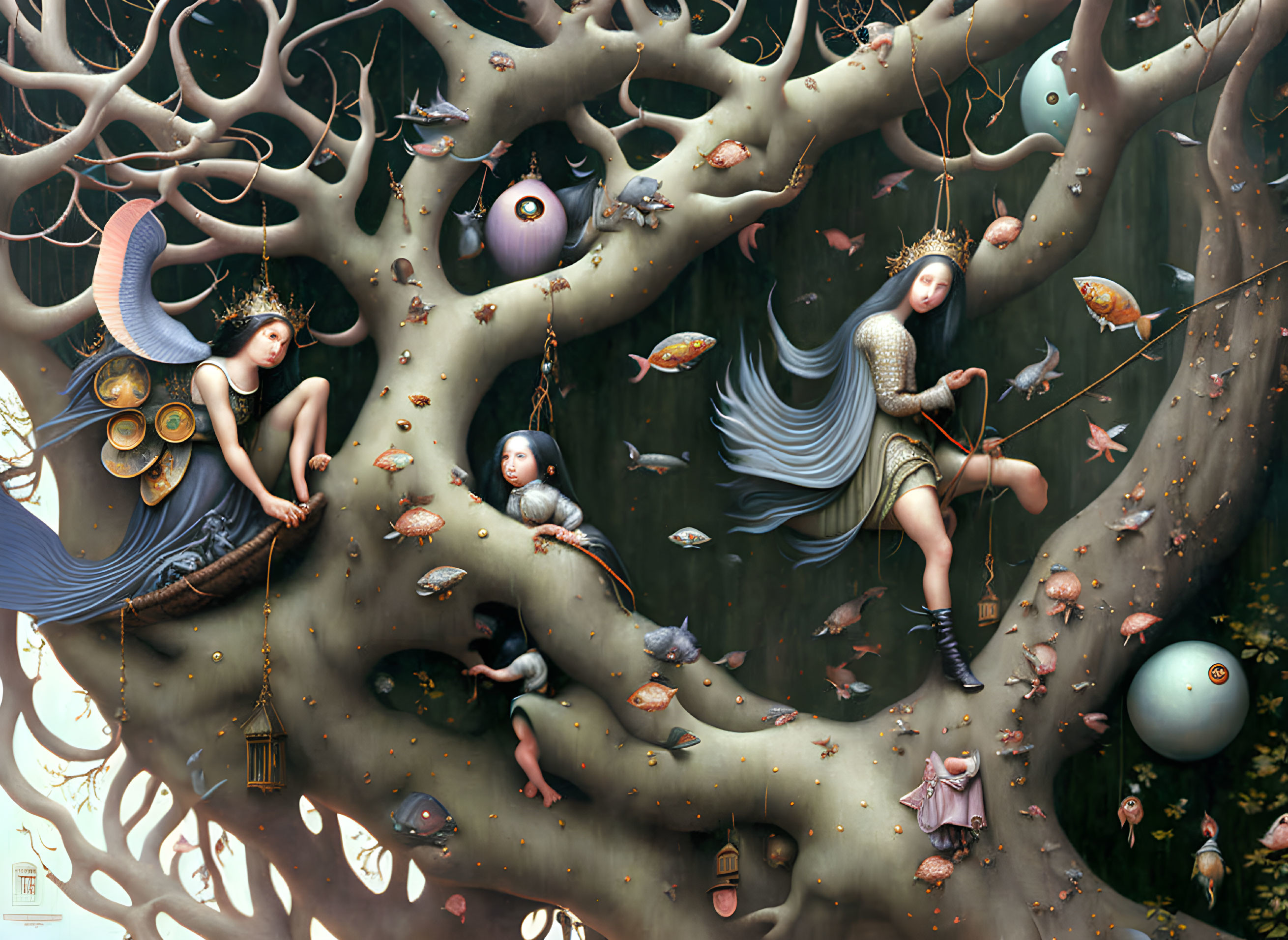 Surreal Painting: Human-like Figures, Fish, Birds, and Fantastical Elements in Tree