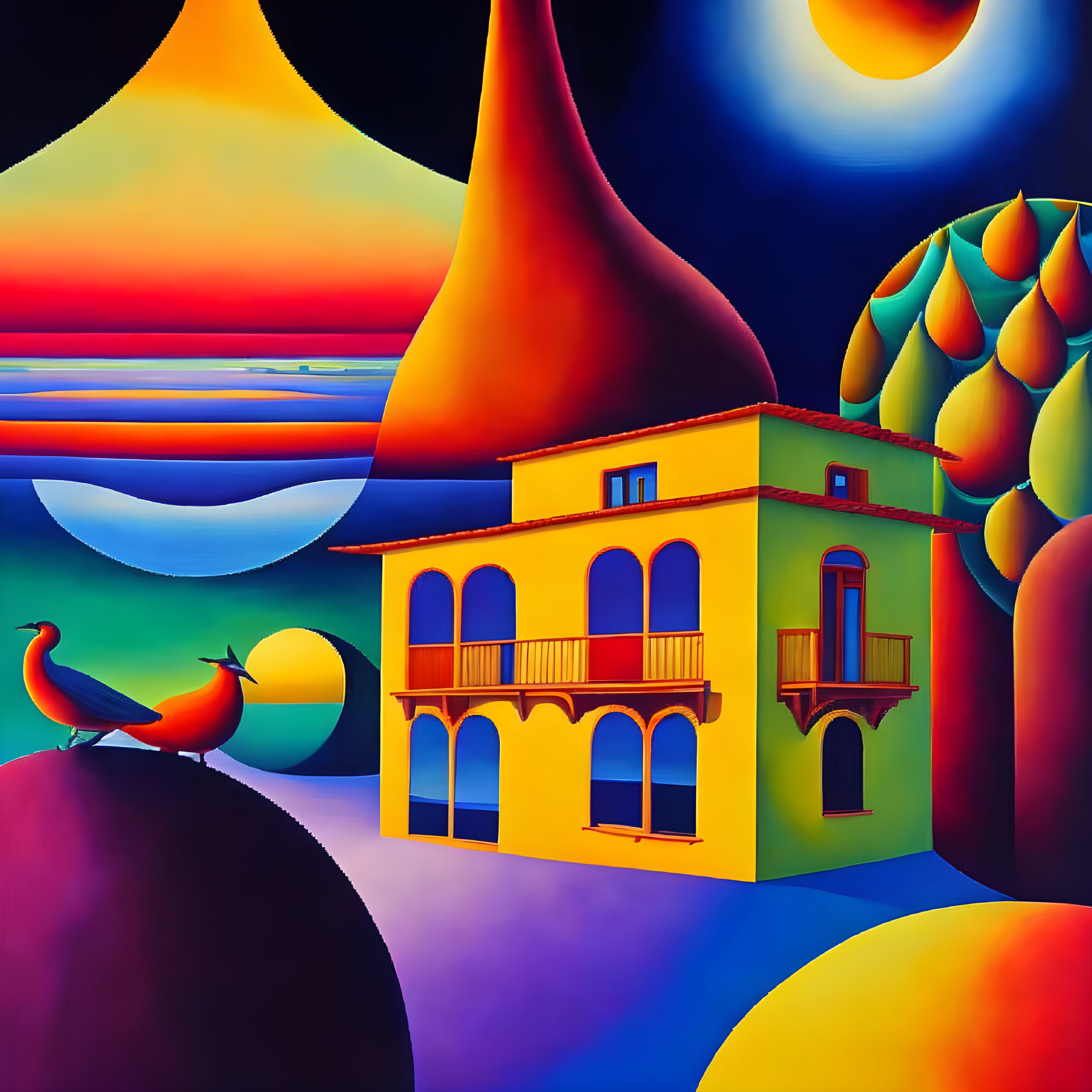 Vibrant surreal landscape with yellow building, stylized trees, bird, and celestial objects.