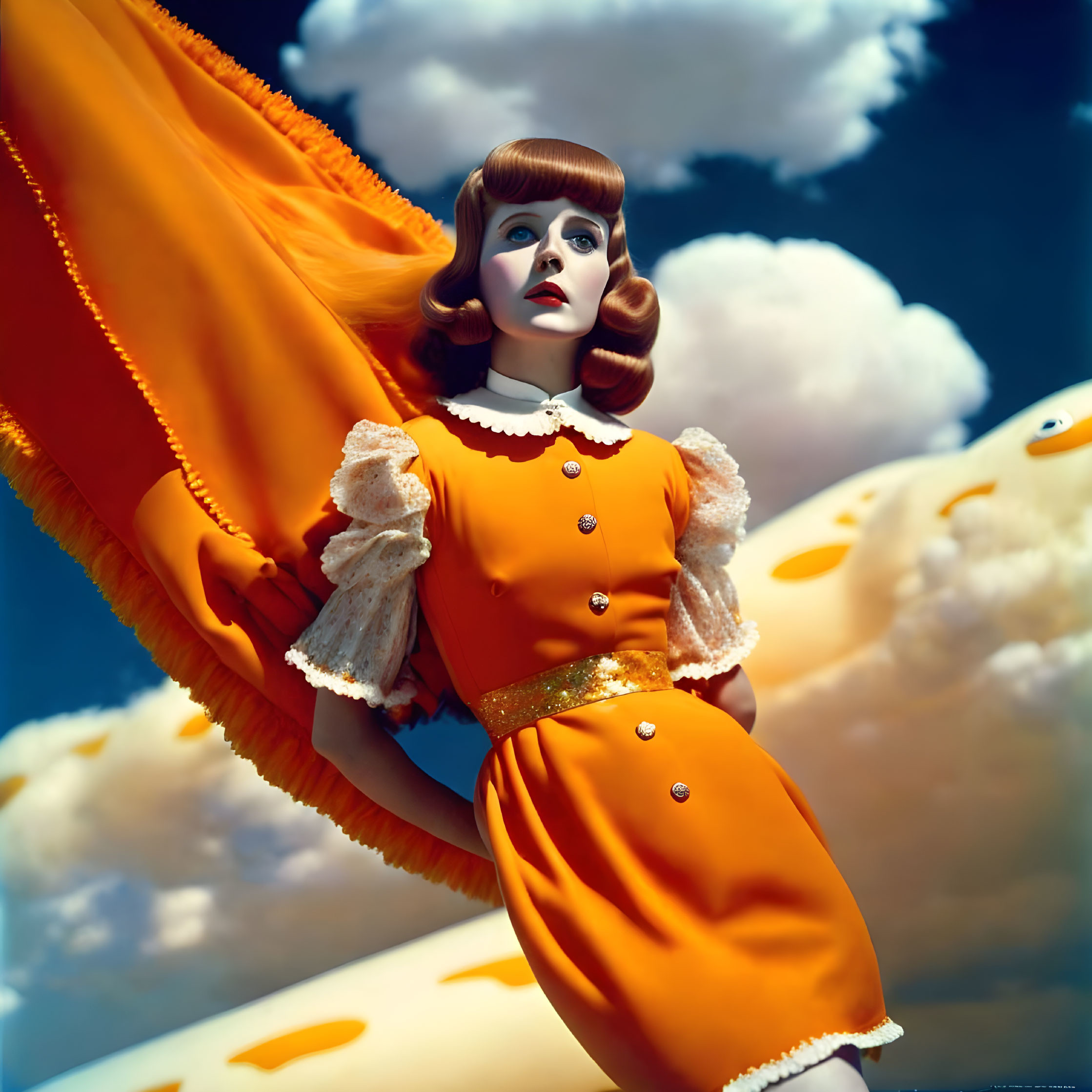 Woman in retro orange dress with fish against blue sky