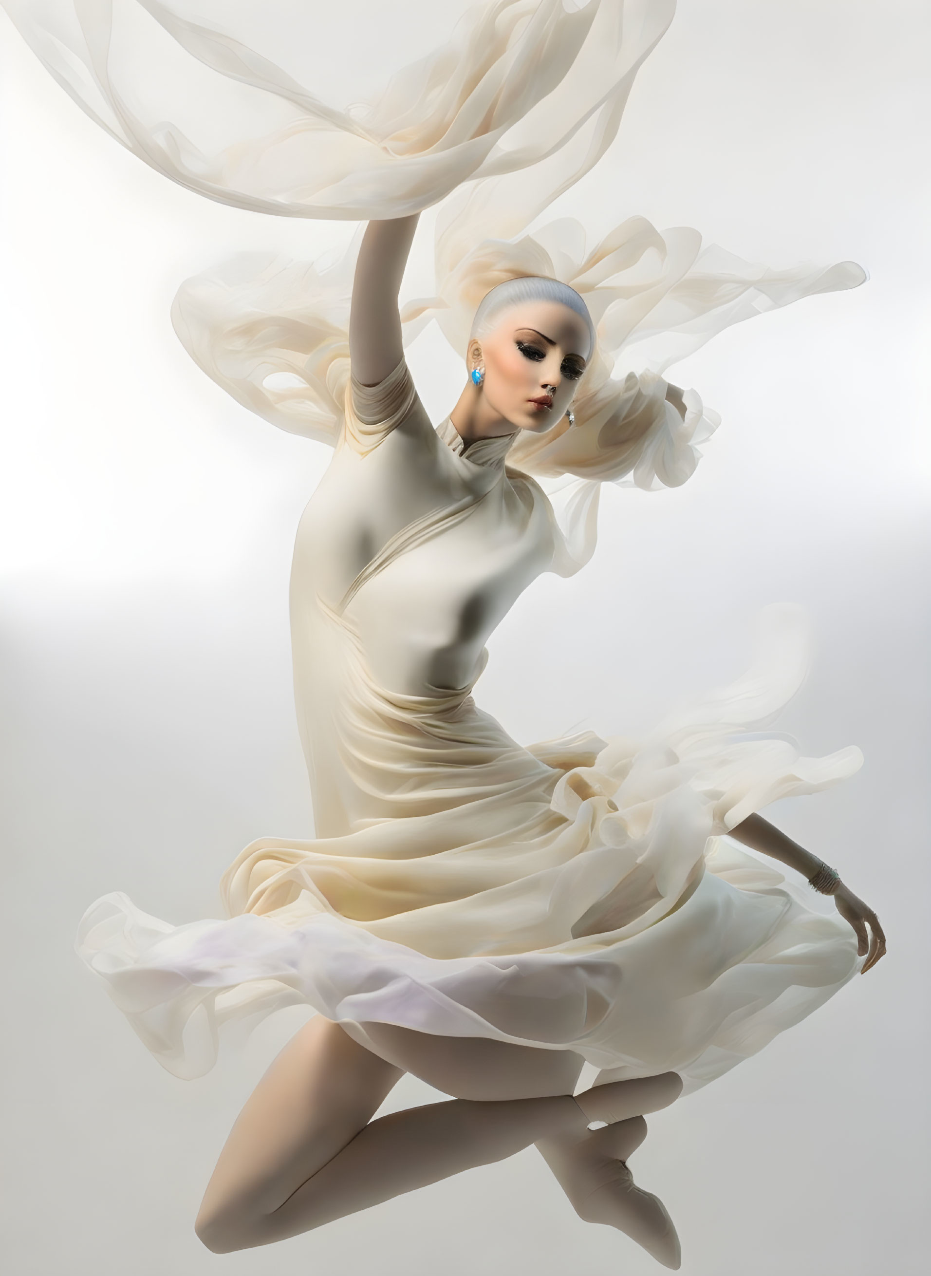 Ethereal figure in cream dress dances gracefully