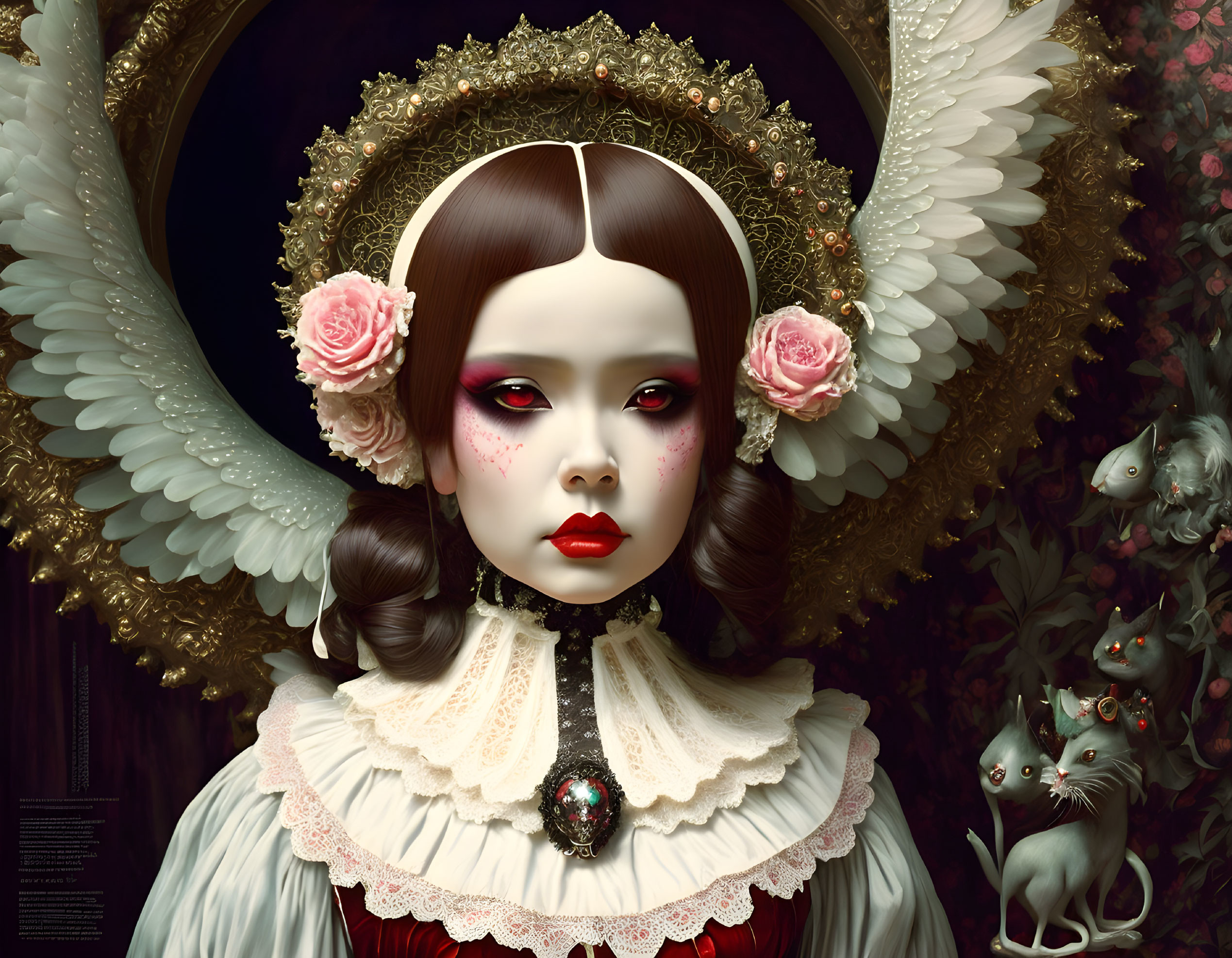 Intricate doll-like figure with roses, blushing cheeks, and eerie white cats.