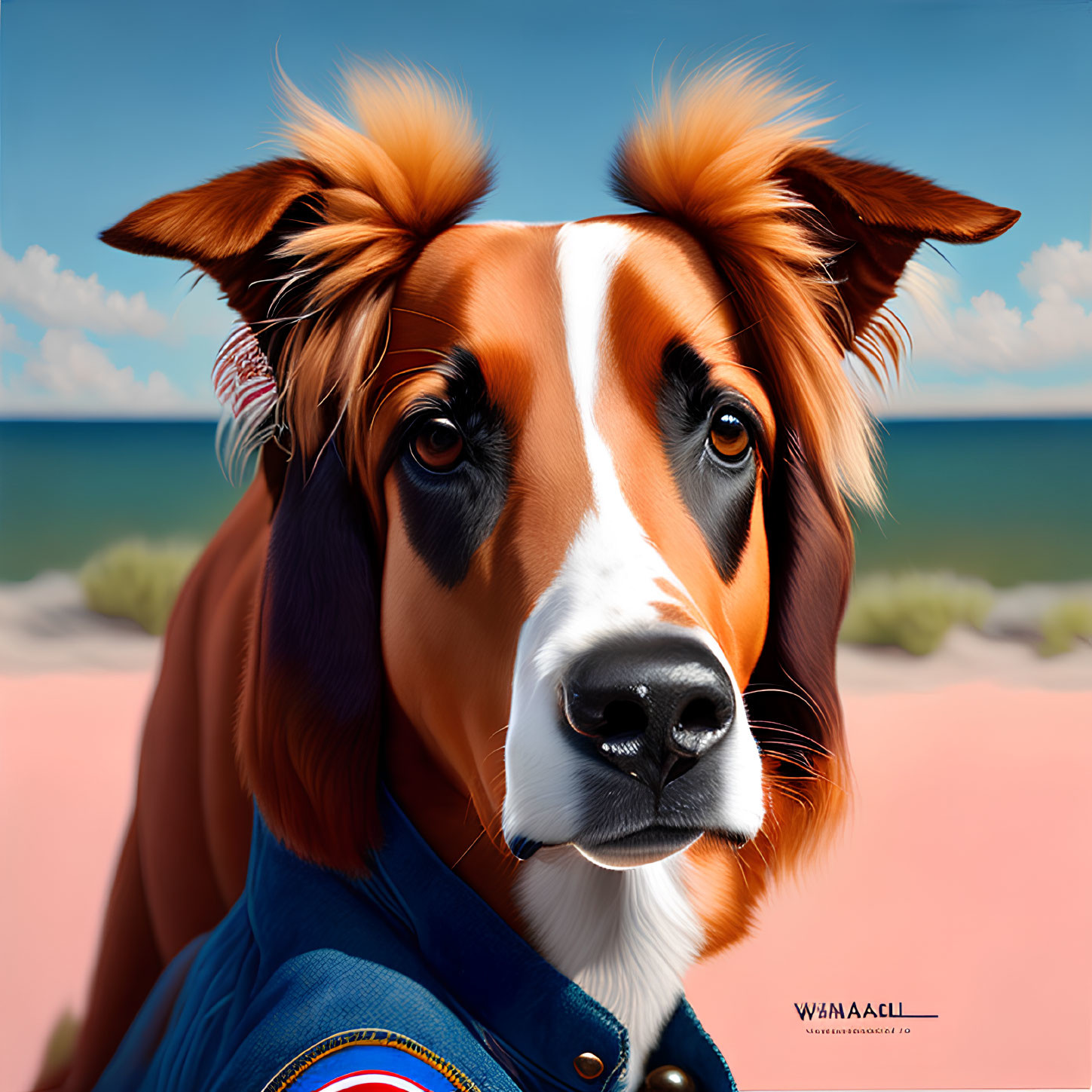 Digital artwork featuring dog with human-like eyes in astronaut jacket on beach backdrop