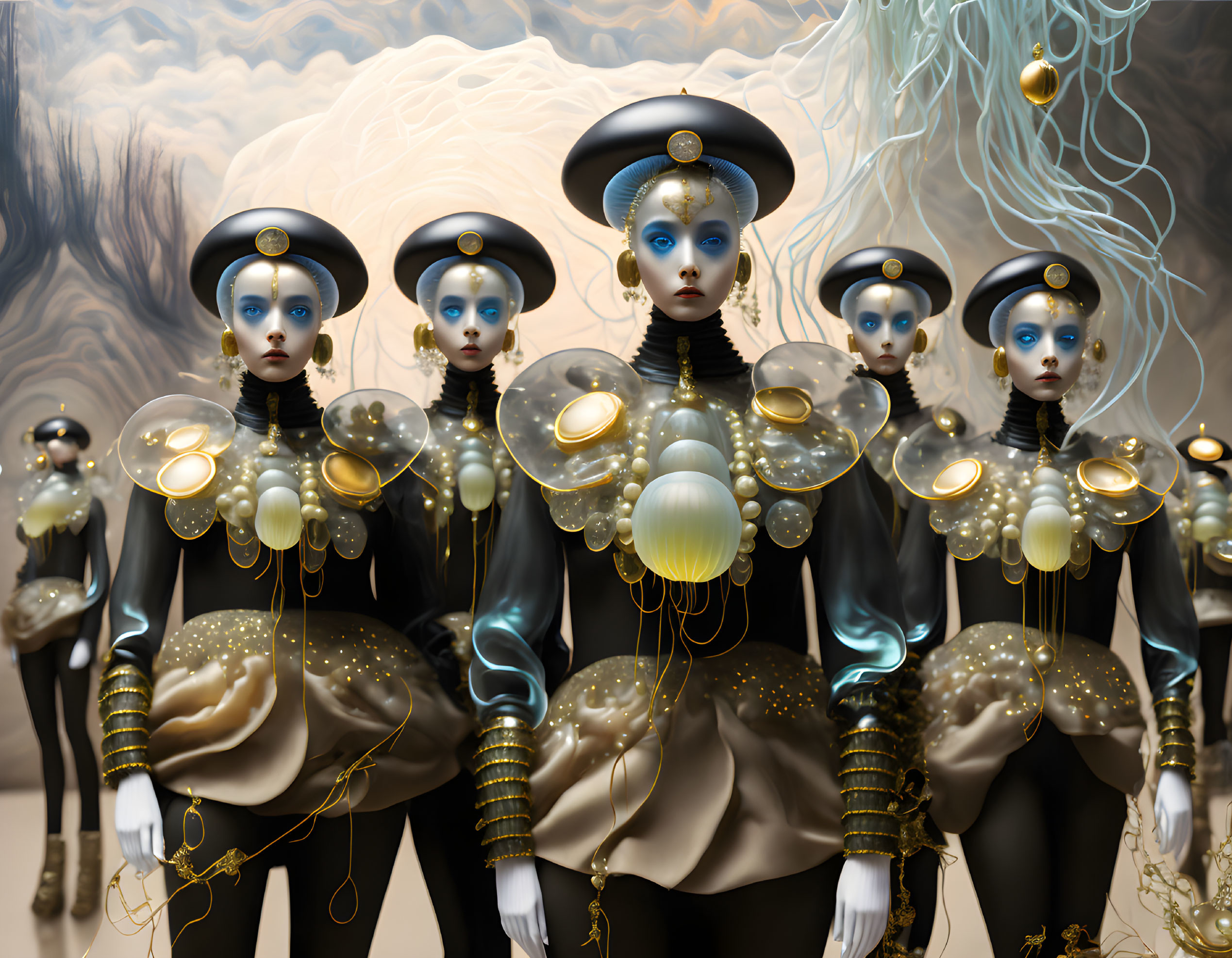 Identical Figures in Ornate Headgear and Costumes with Globes in Surreal Artwork