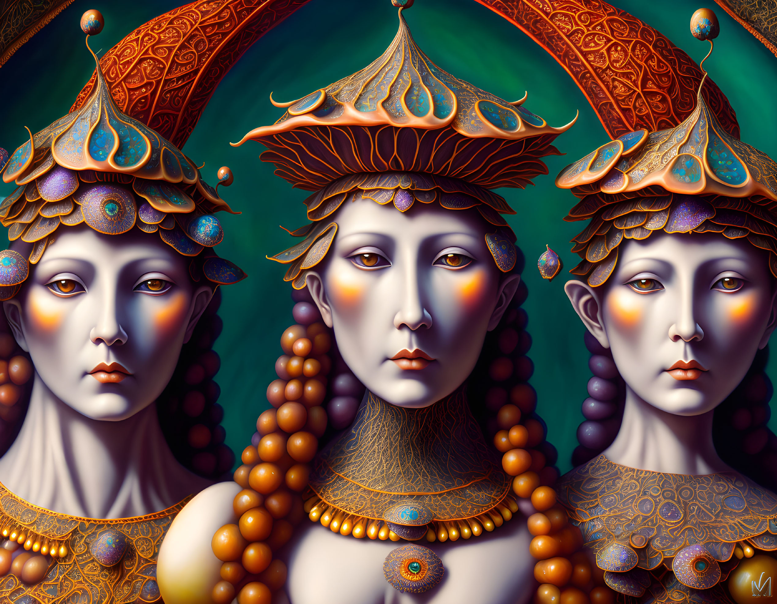 Ornate female figures with elaborate headdresses and jewelry on dark teal background