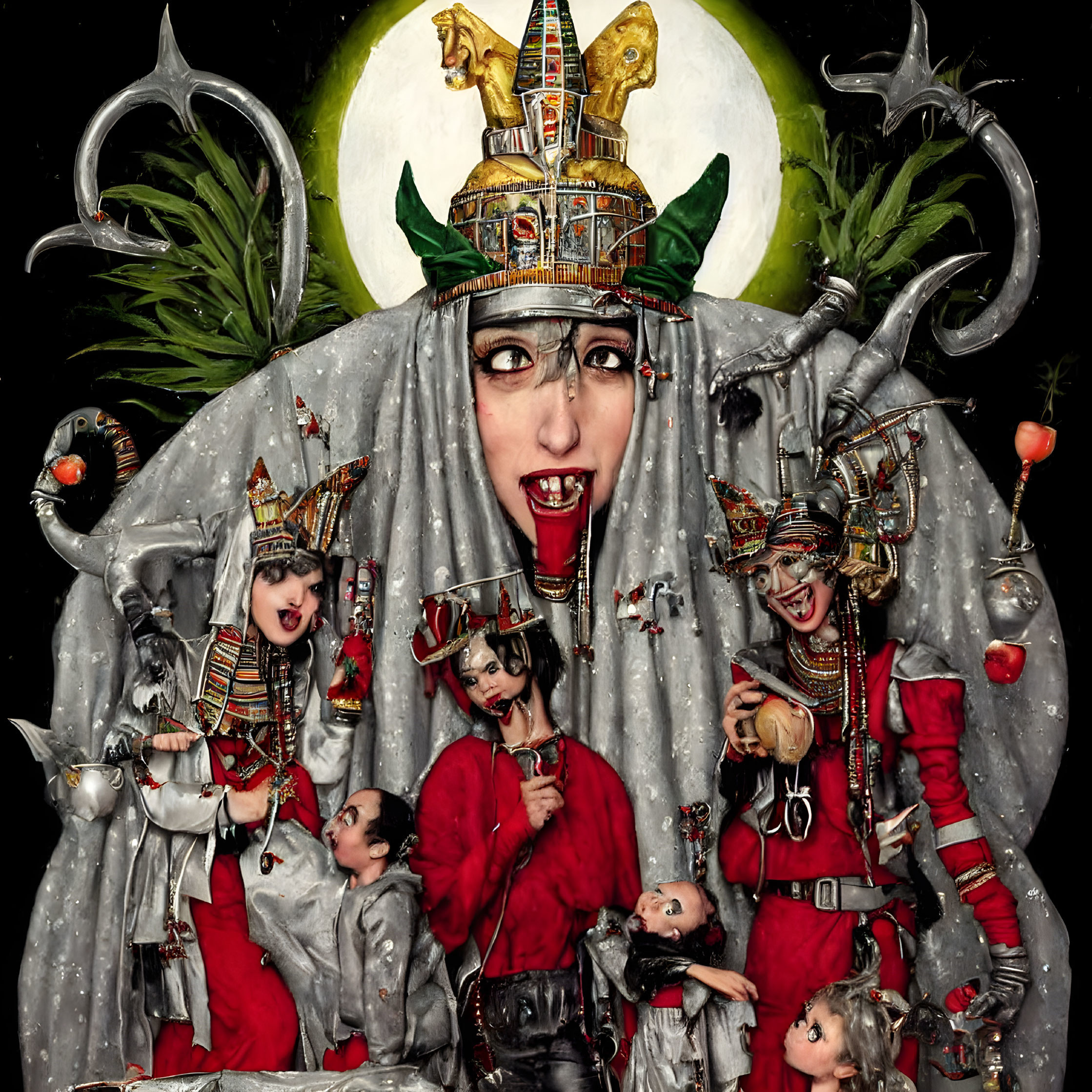 Dark-themed surreal collage with central figure, multiple faces, ornate headgear, and moon backdrop.