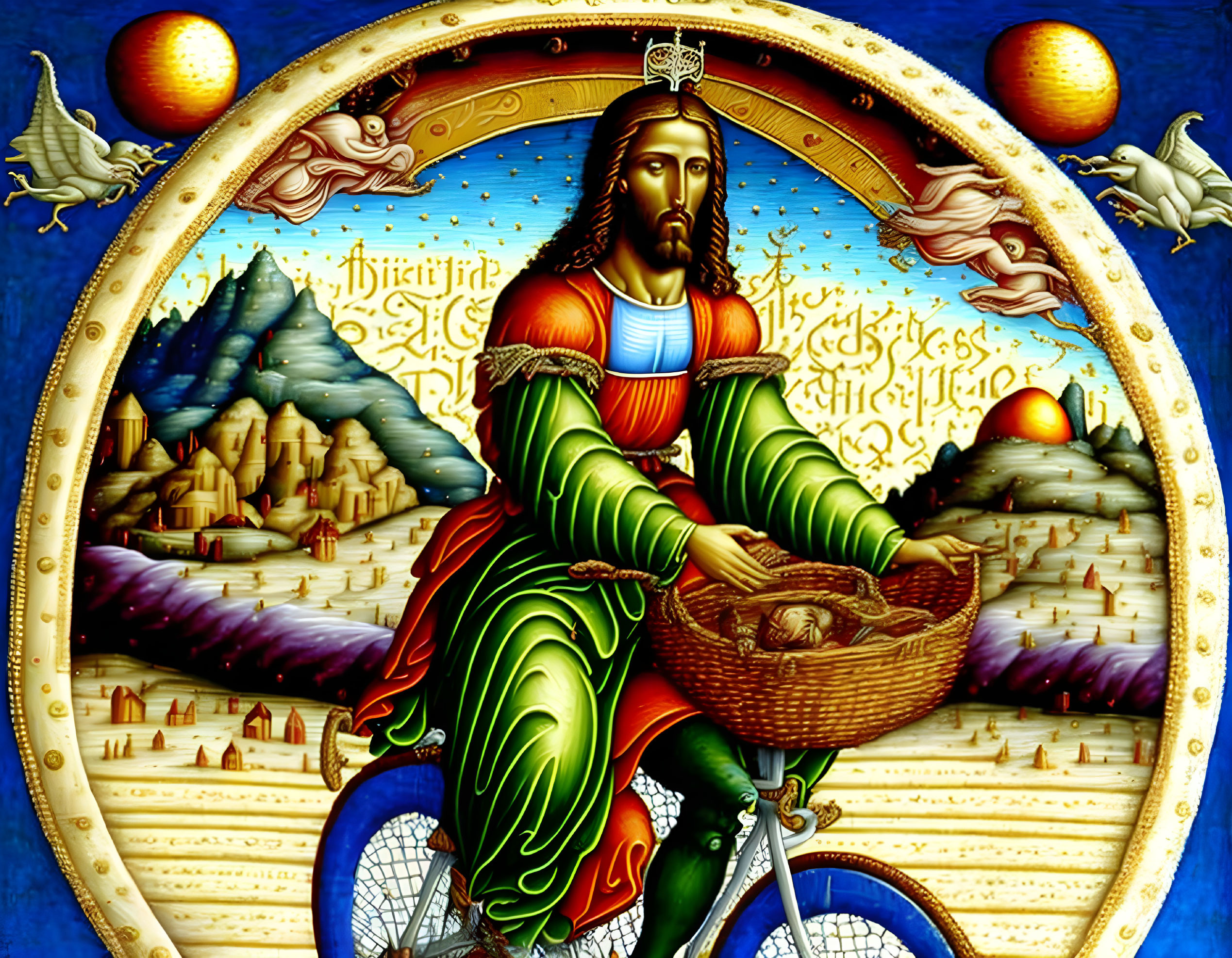 Vibrant illustration of bearded man in regal attire on bicycle