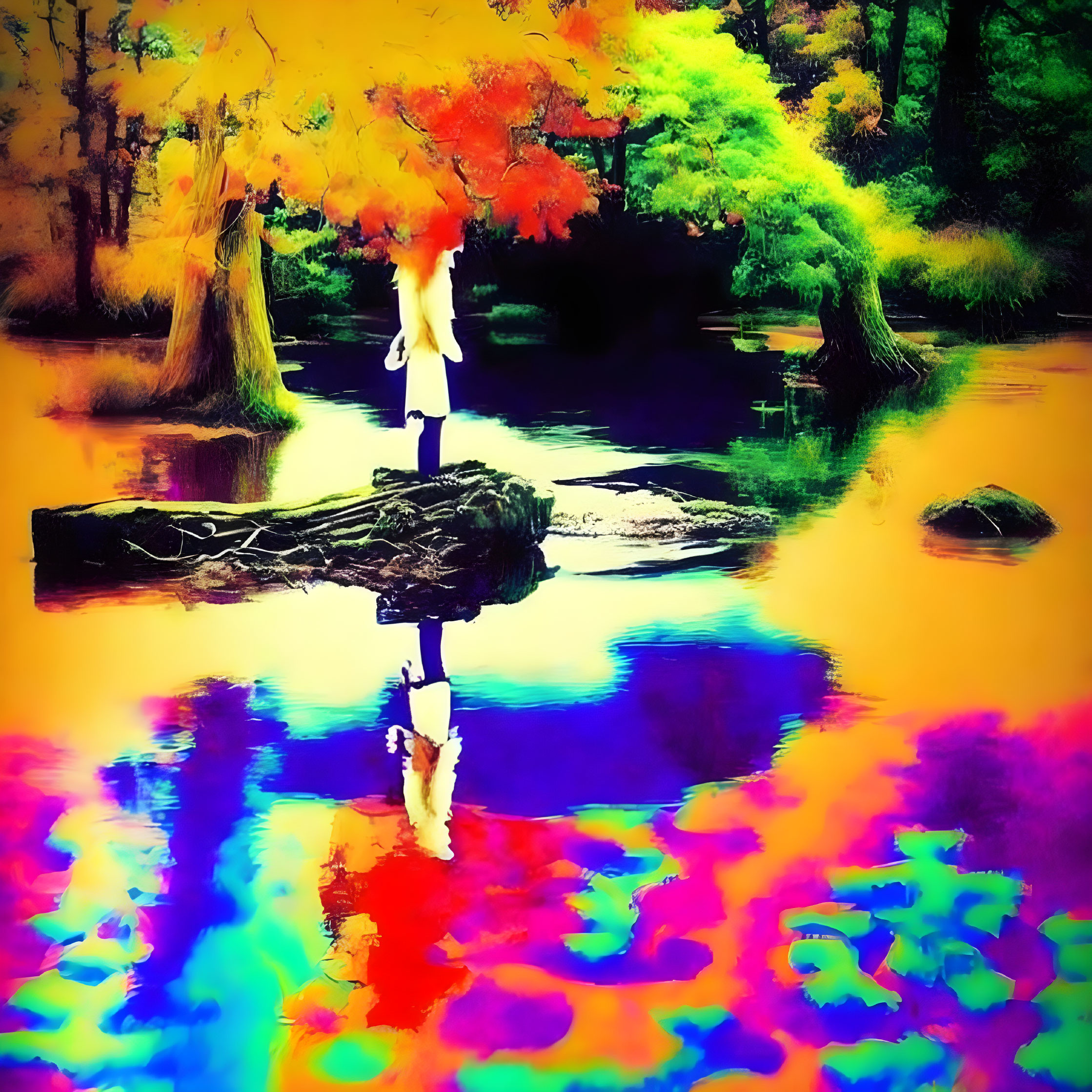 Surreal forest scene with vibrant colors and reflection in water