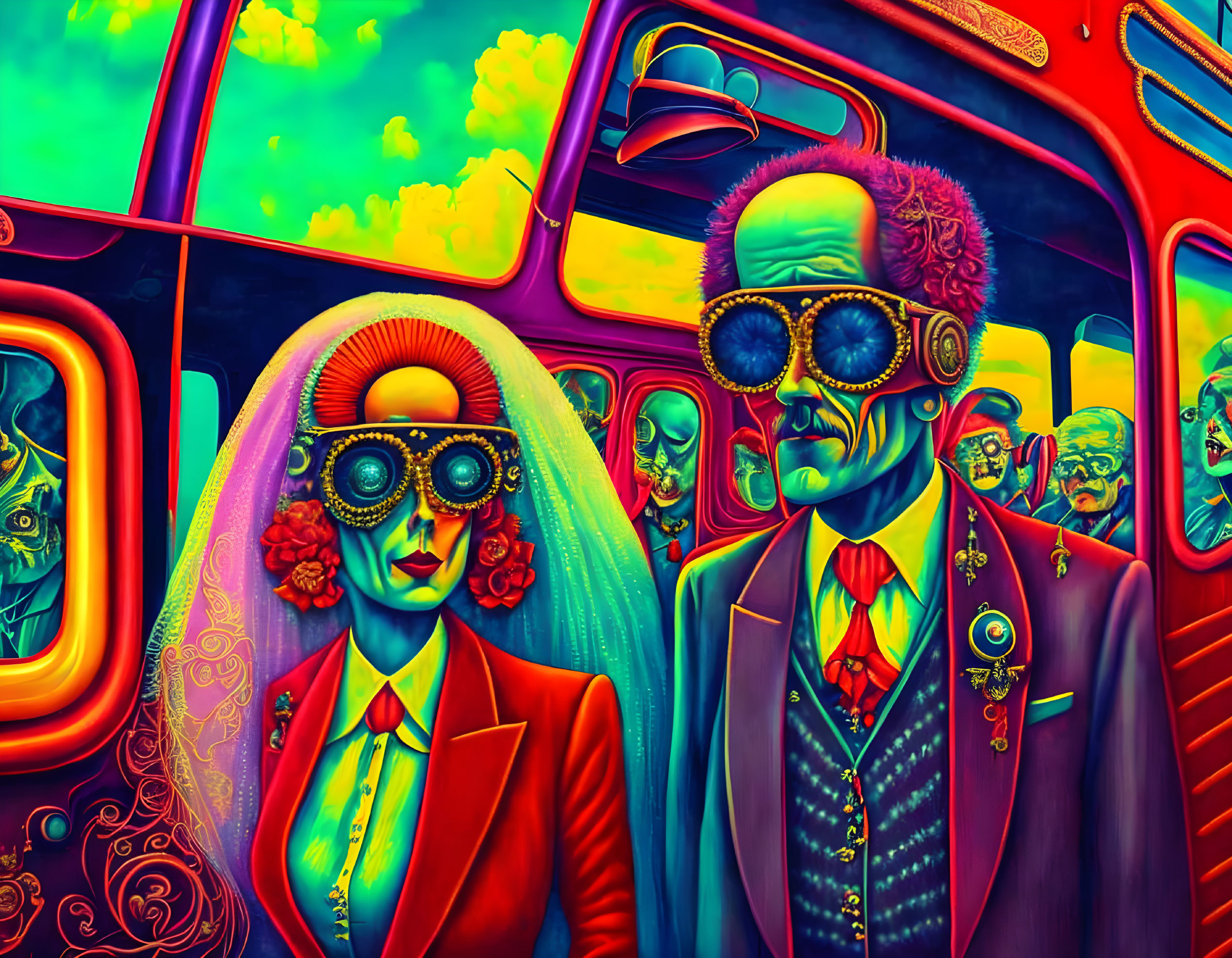 Colorful surreal artwork: Couple in steampunk attire by whimsical bus