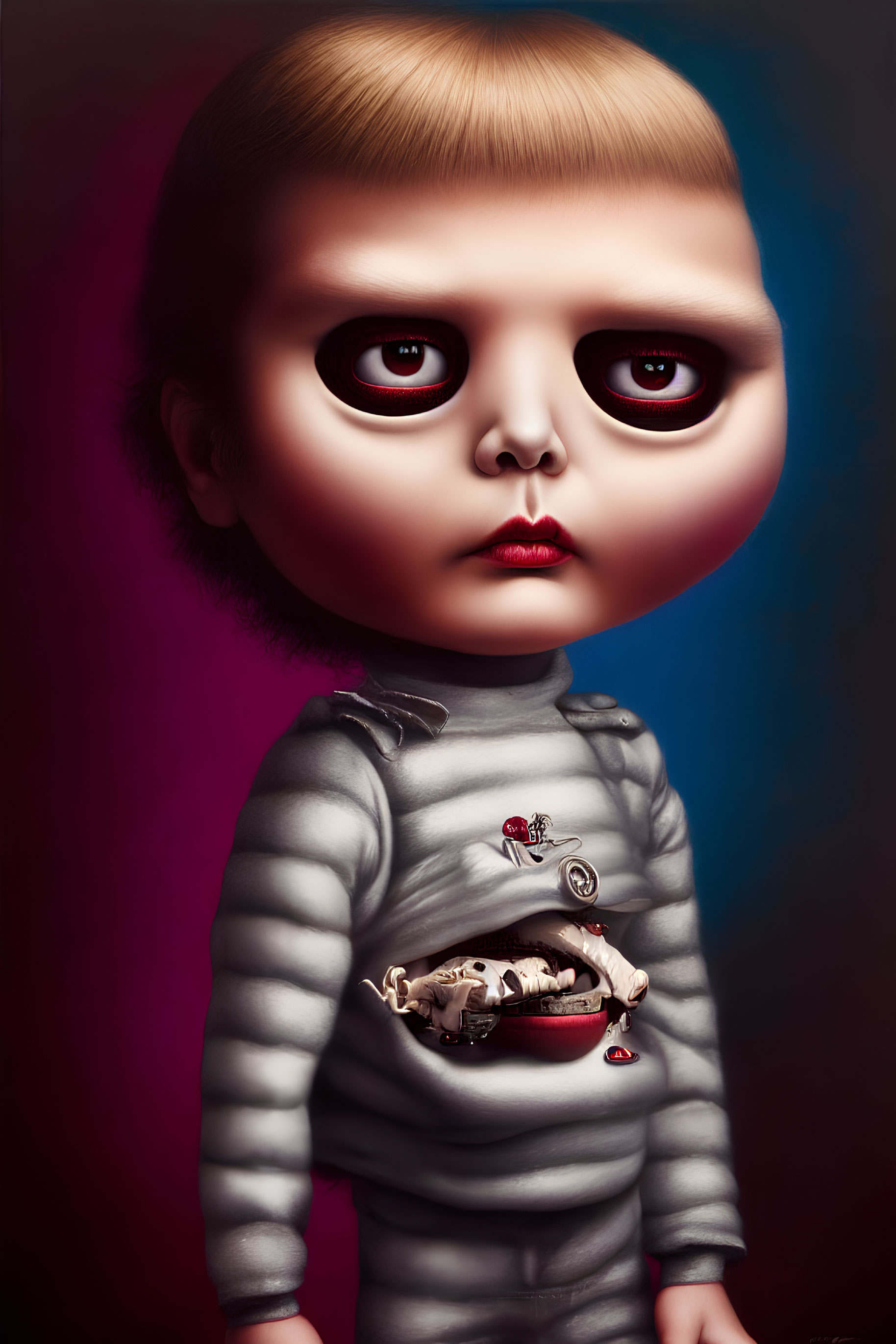 Child illustration with oversized dark-rimmed eyes and somber expression in grey outfit with cartoon animal skull