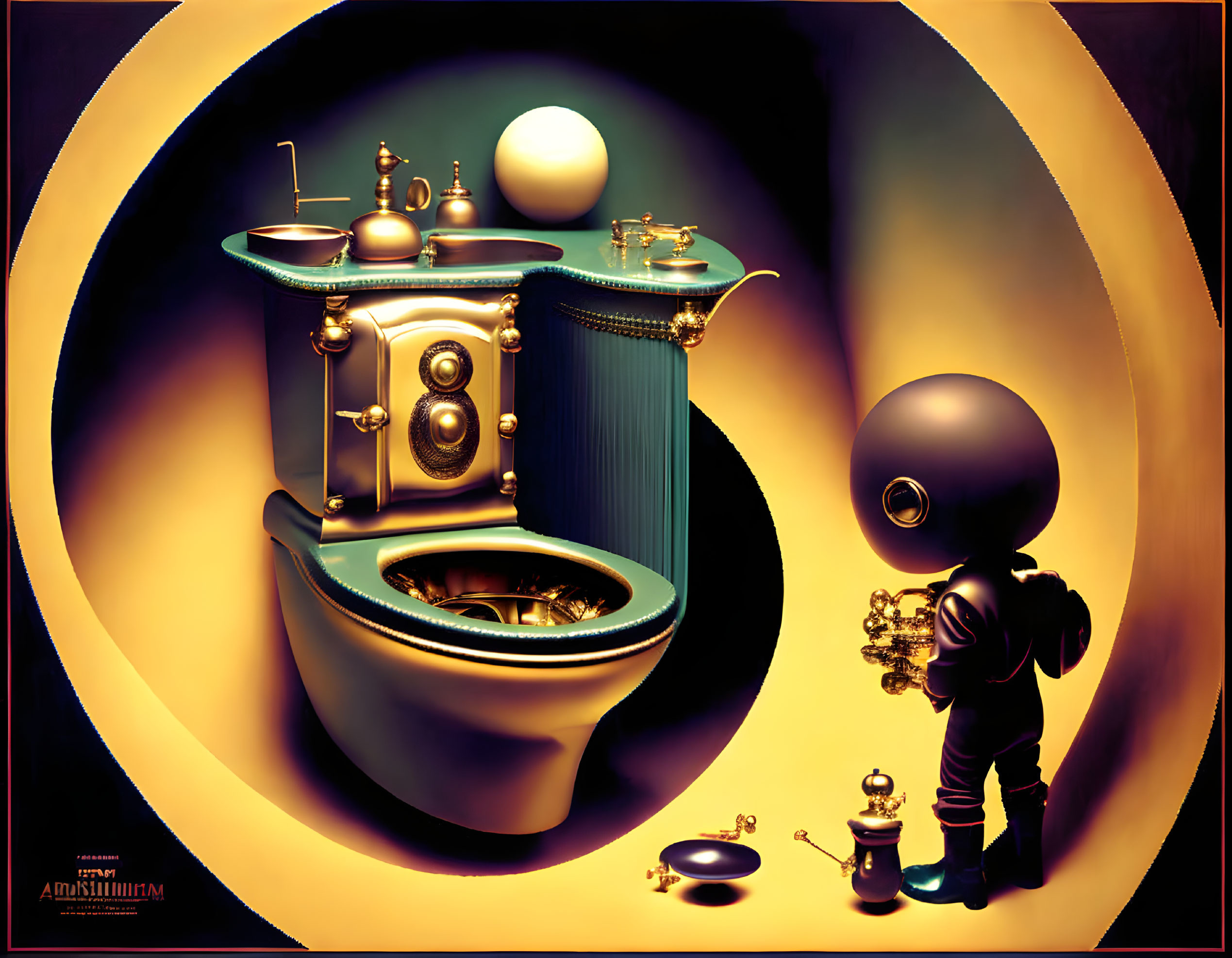 Astronaut child with teddy bear and surreal golden toilet in warm glow