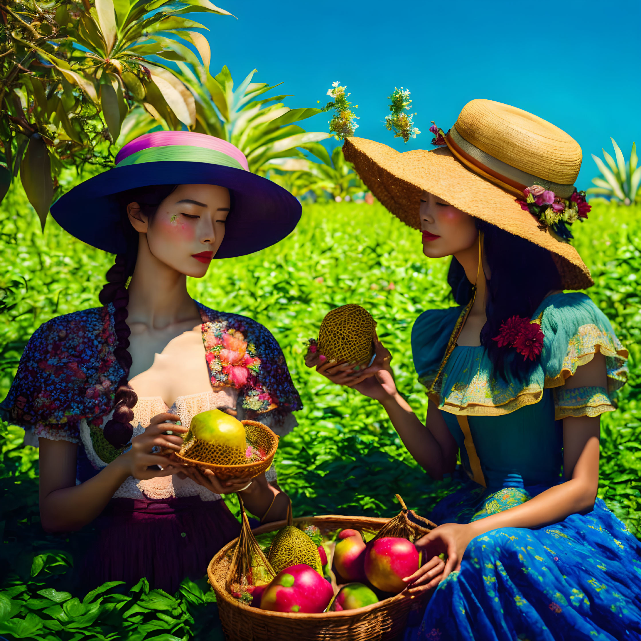 Two Women in Colorful Dresses Holding Fruit in Lush Garden