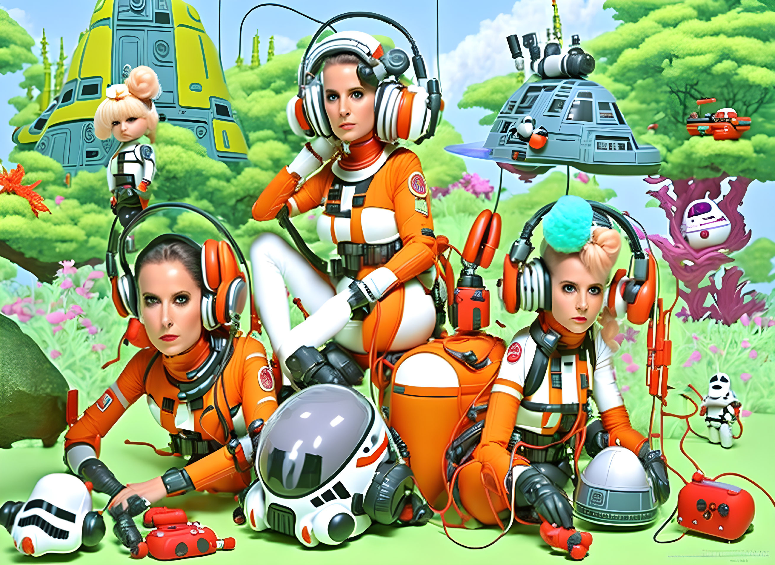 Four Women in Orange Space Suits Amidst Colorful Alien Landscape