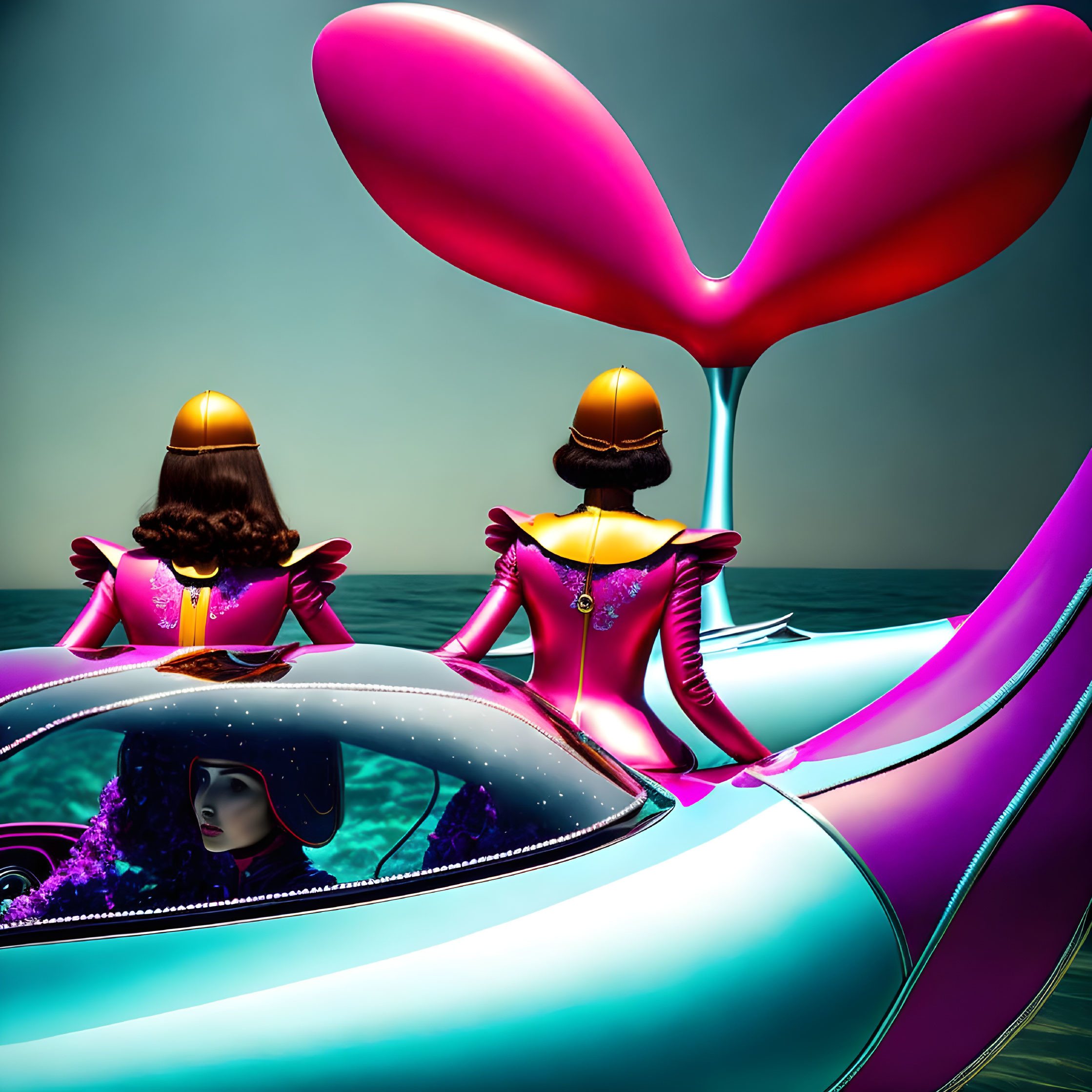 Futuristic figures in pink attire piloting dolphin-shaped watercraft