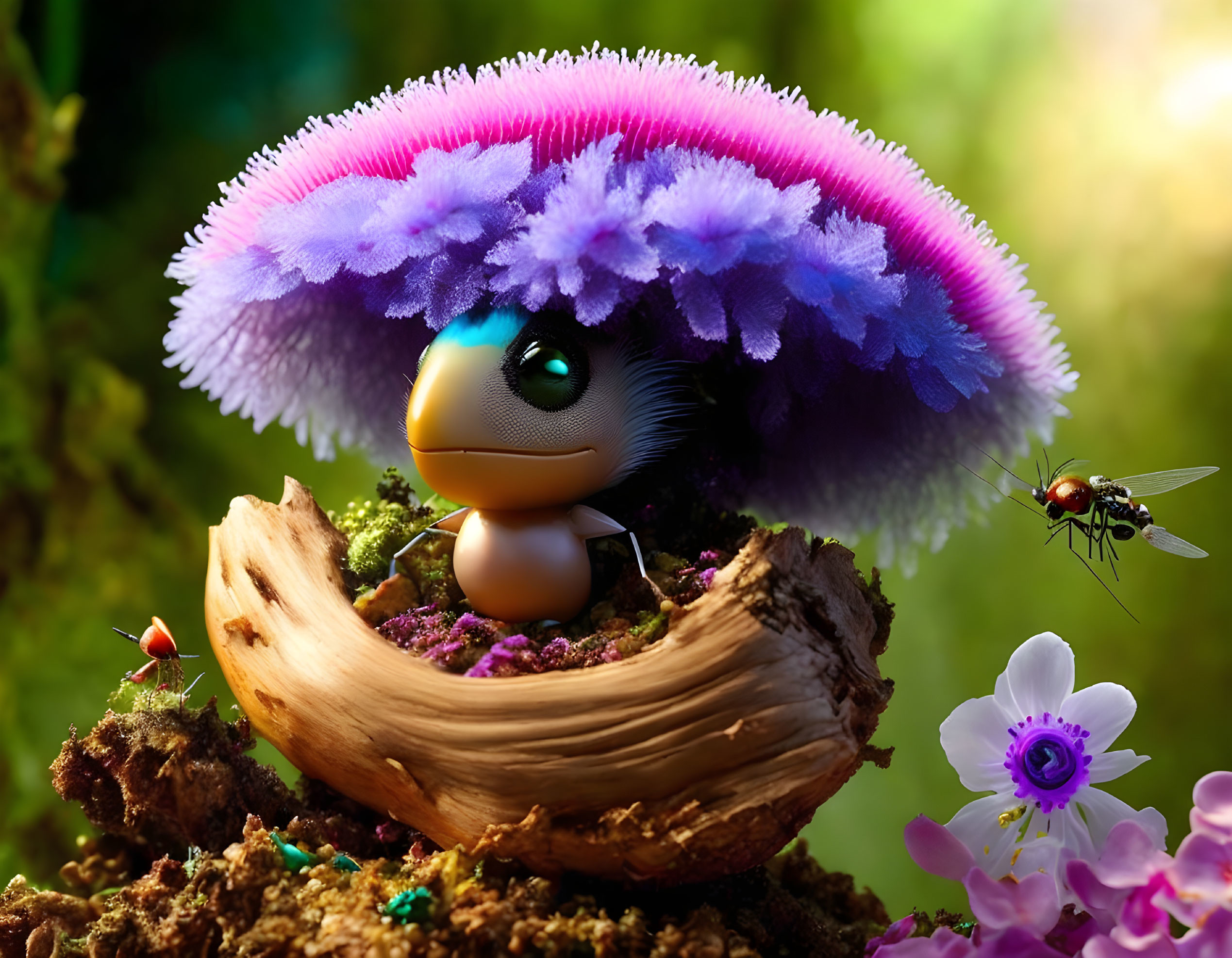 Colorful Anthropomorphic Insect Under Mushroom Canopy