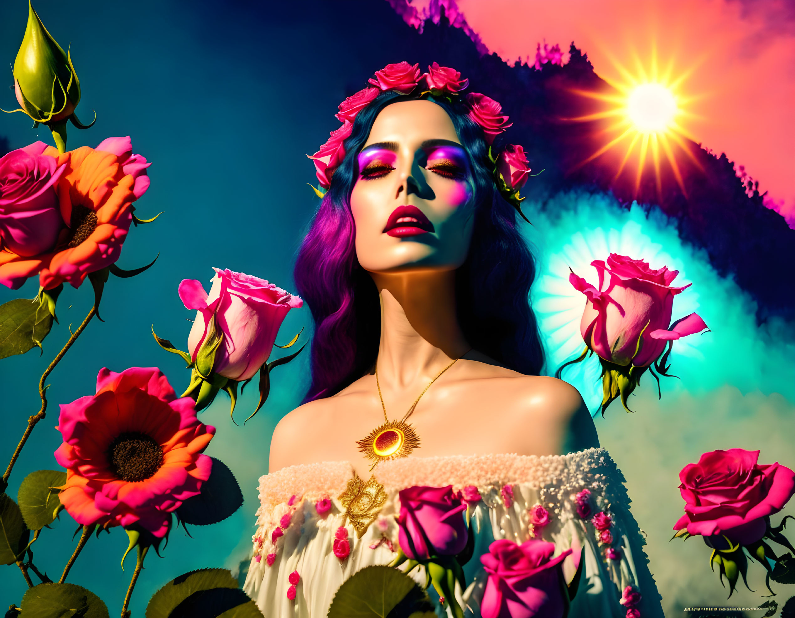 Colorful digital artwork: Woman with purple makeup, floral crown, surrounded by vivid roses under stylized