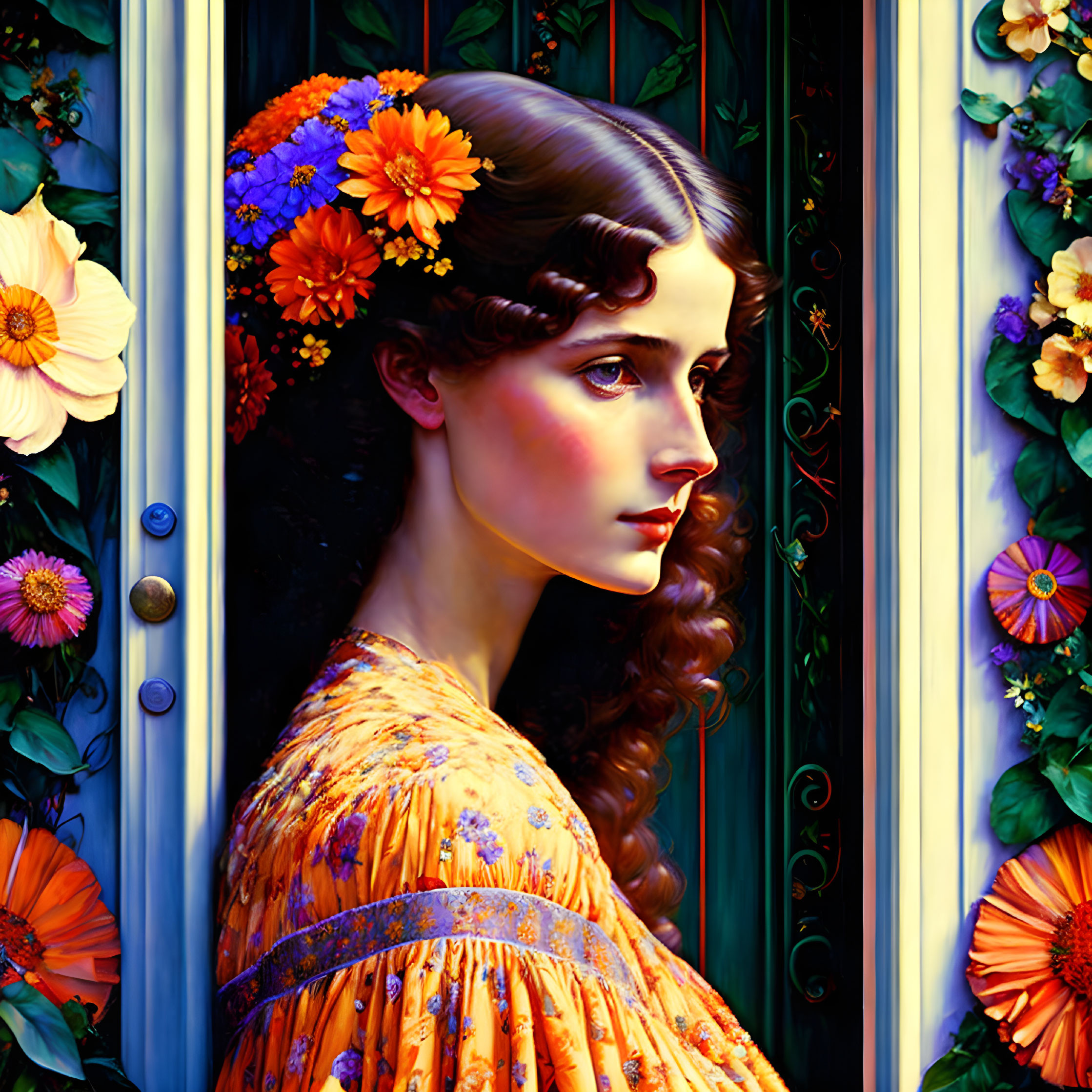 Digital painting of woman with flowers in hair by green door in orange dress