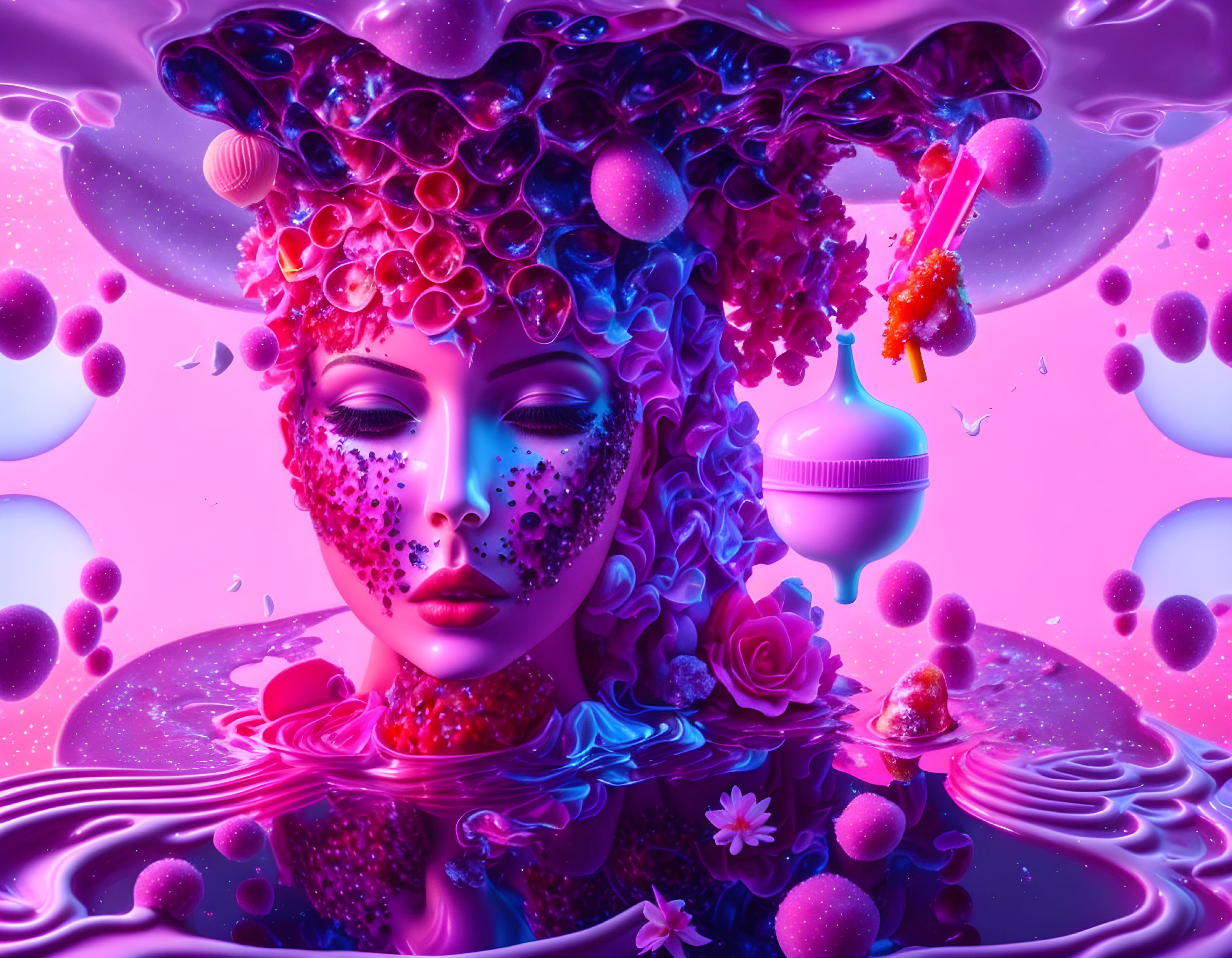 Colorful digital artwork of female figure with grape-adorned hair in liquid.