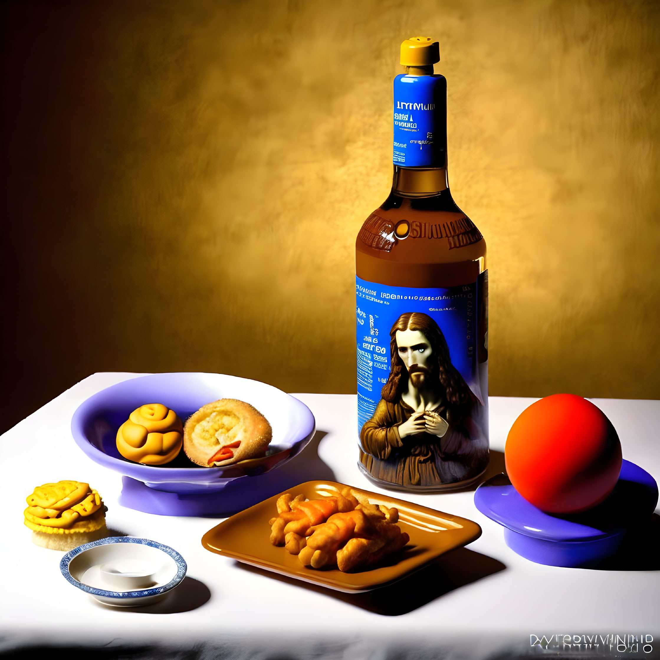 Still life photo with bottle, figurine, red sphere, cookies, pastry on colored dishes, gold