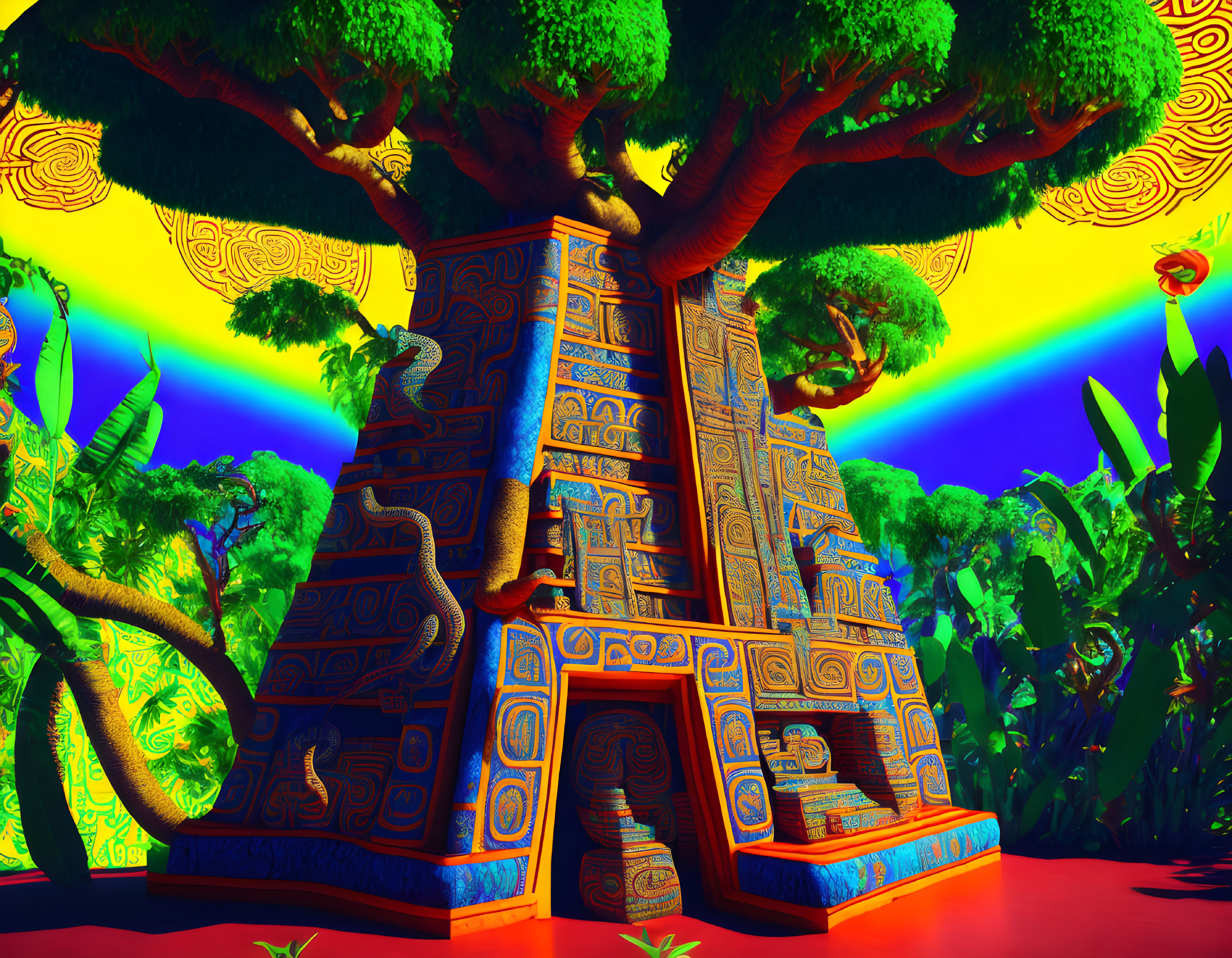 Colorful surreal landscape with ancient temple and vibrant tree under psychedelic sky