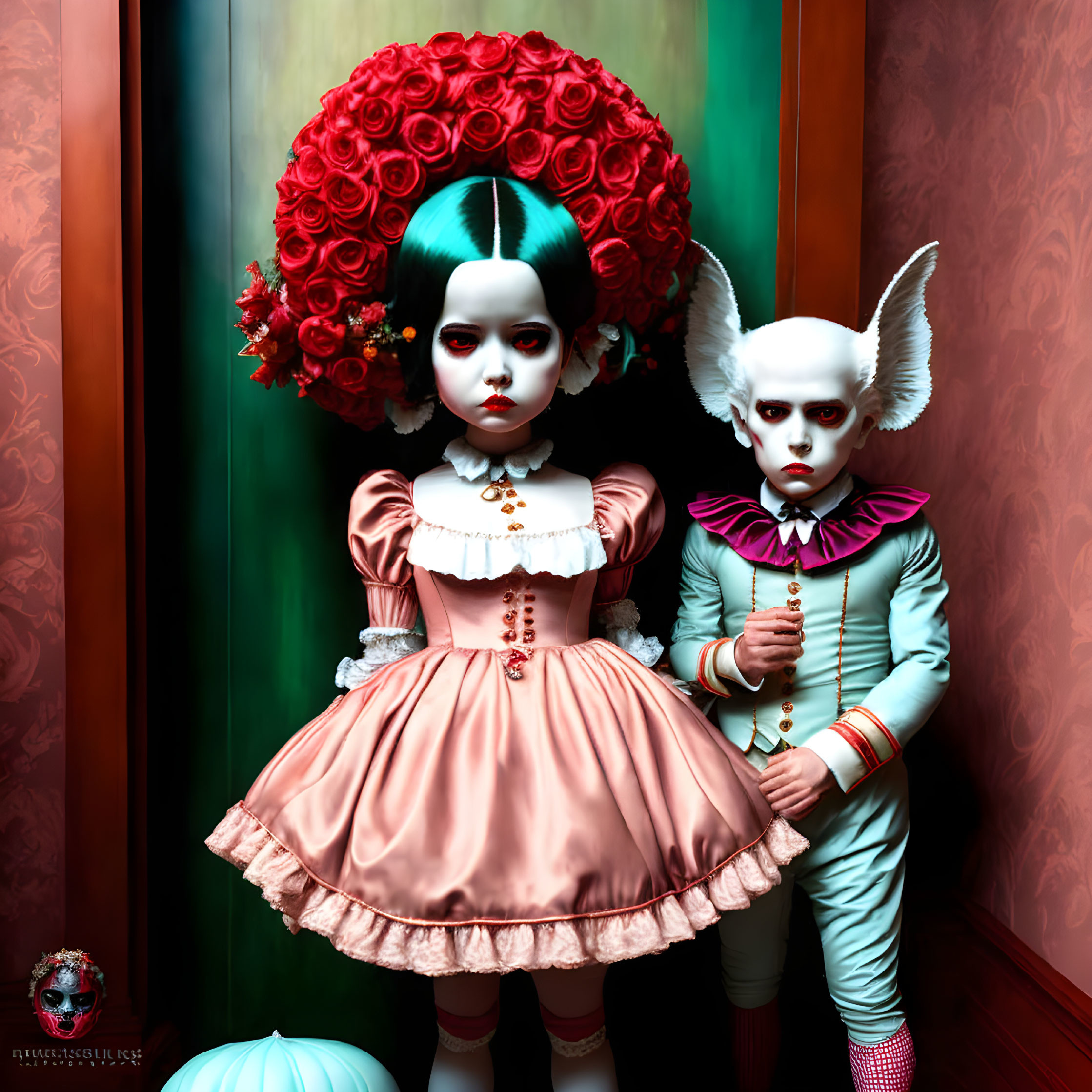 Stylized dolls in elaborate costumes with red floral headpiece and white bat-like ears