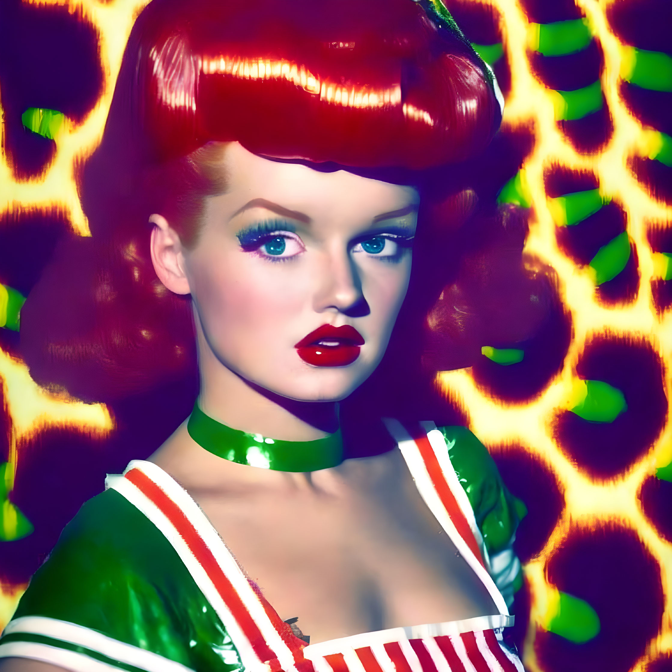 Colorful portrait of a woman with red hair in green and white outfit on psychedelic orange backdrop