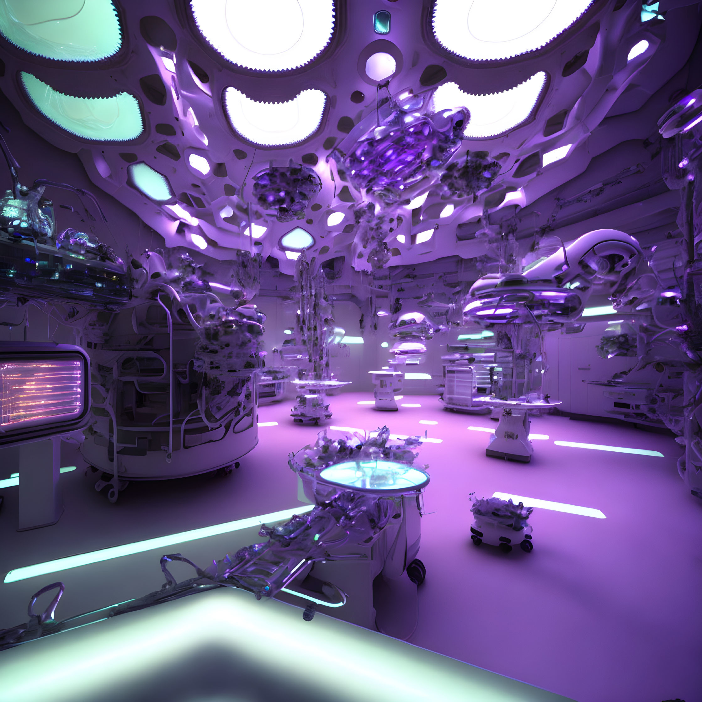 Futuristic Medical Facility with Neon Purple Lighting and Robotic Arms