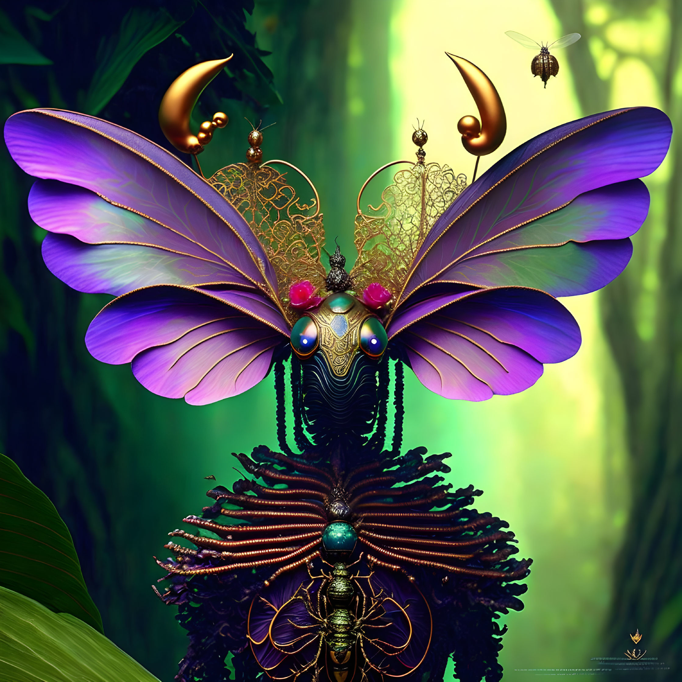 Vibrant purple-winged creature in lush green forest