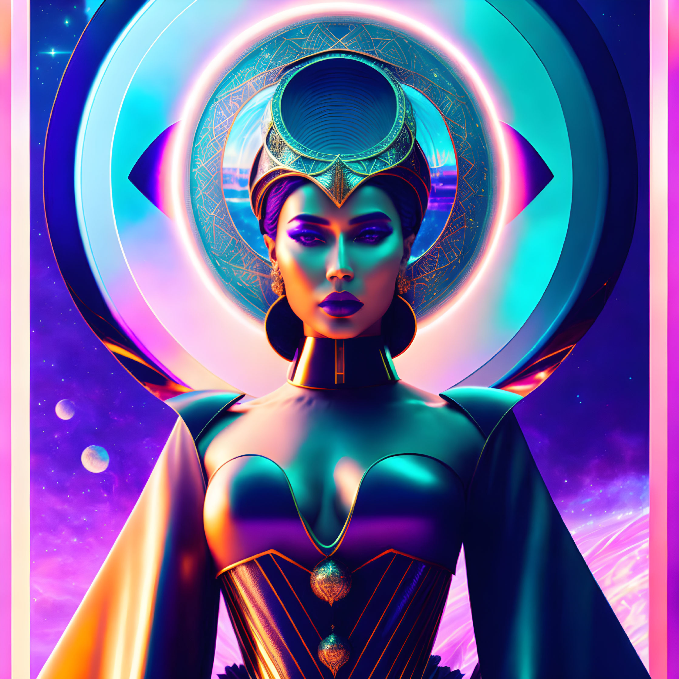 Vibrant digital artwork: futuristic female with ornate headdress in cosmic neon-lit scene