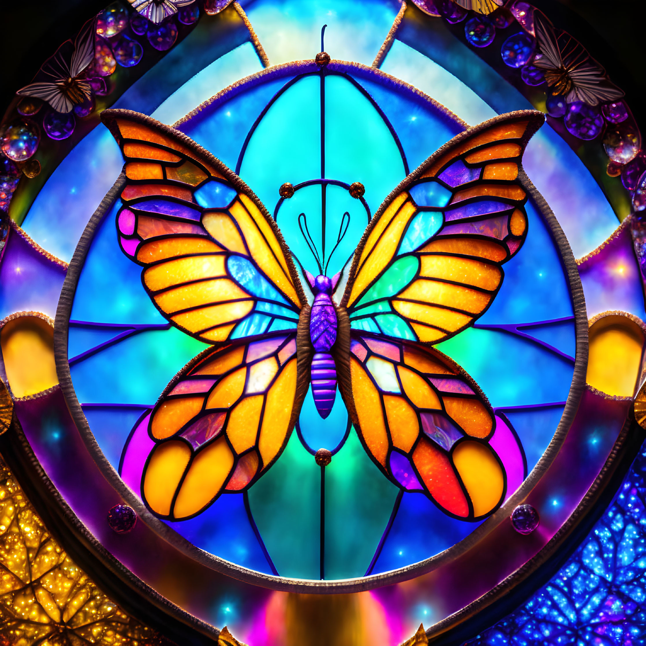 Colorful Butterfly Stained Glass Window on Luminous Blue Background