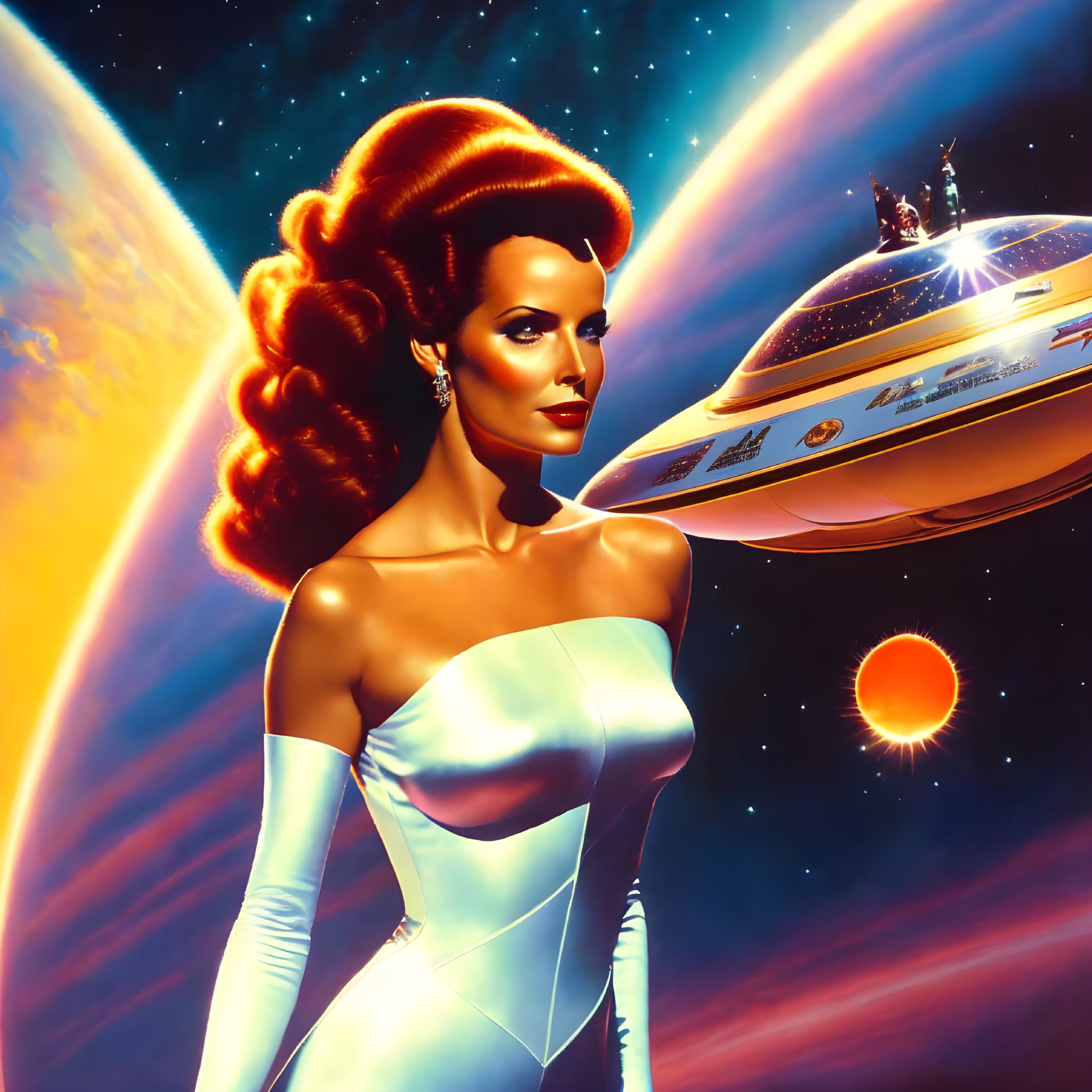 Retro-futuristic illustration of woman with stylized hair in space setting