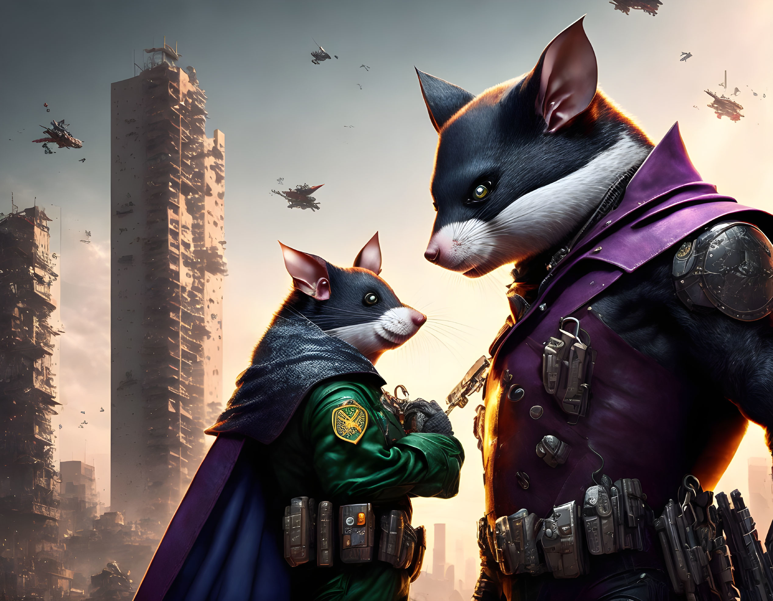 Futuristic armored cat and mouse in dystopian cityscape