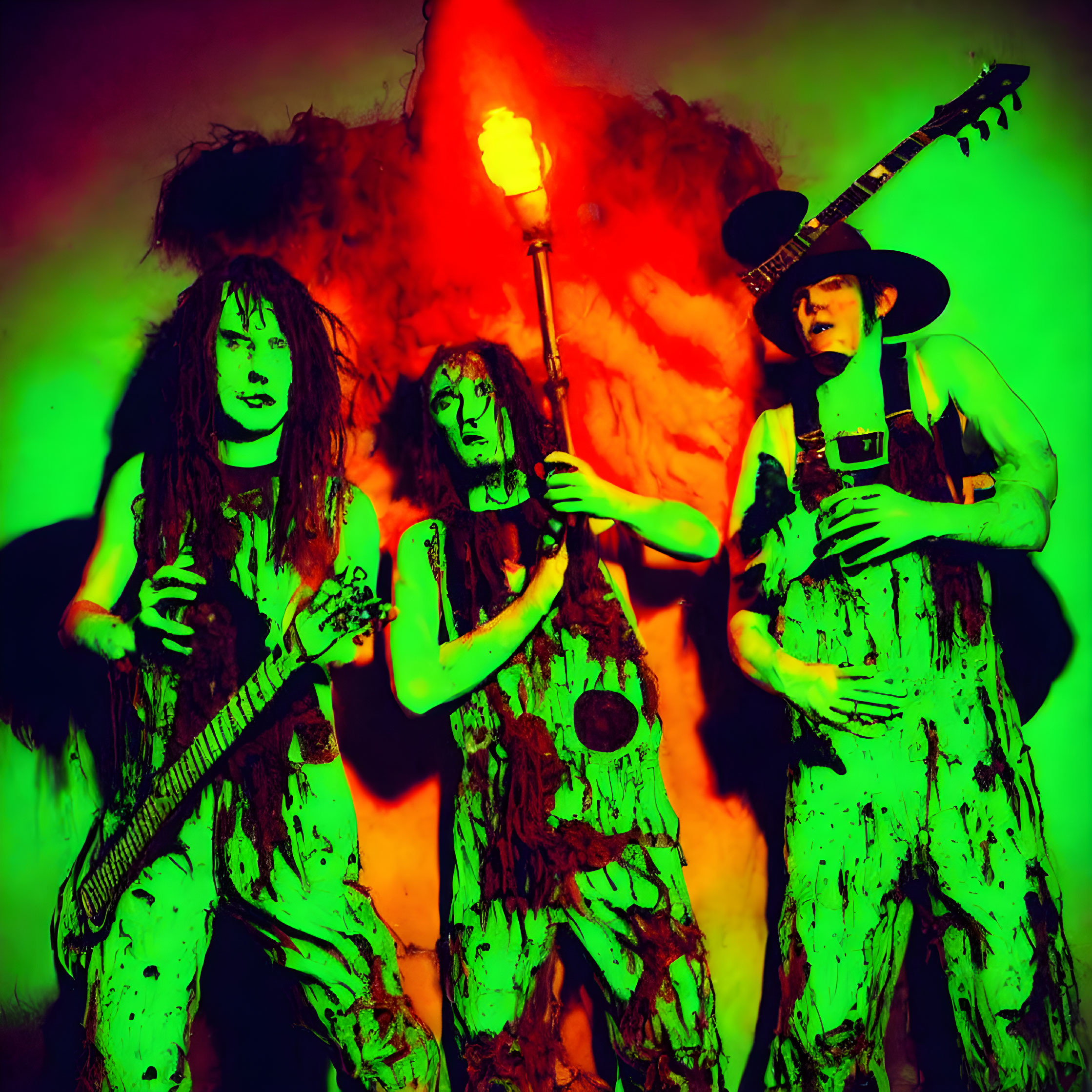 Three People in Wild Costumes with Body Paint Holding Instruments and Torch on Fiery Red and Green Background