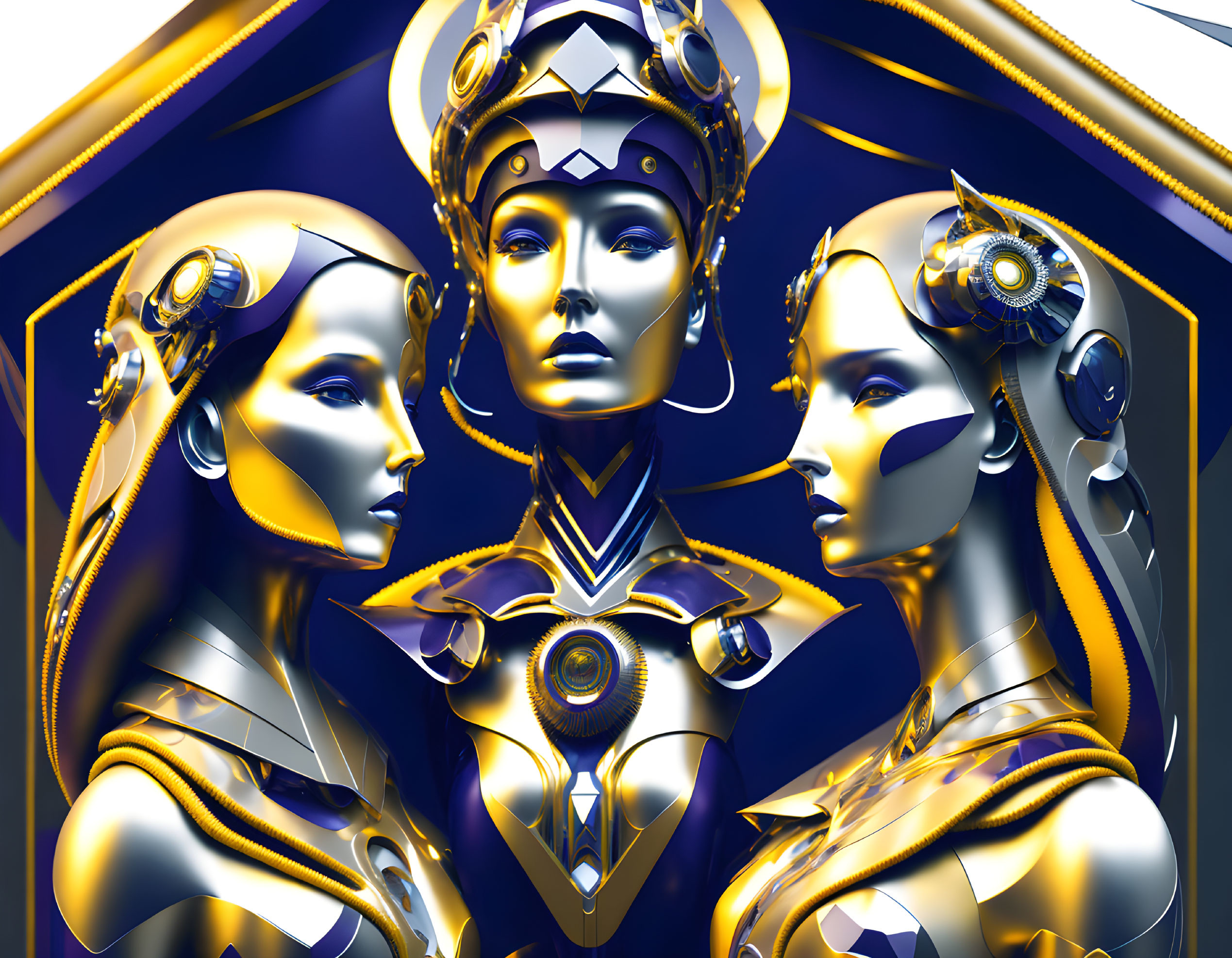 Three golden robotic figures with intricate headpieces on blue background.