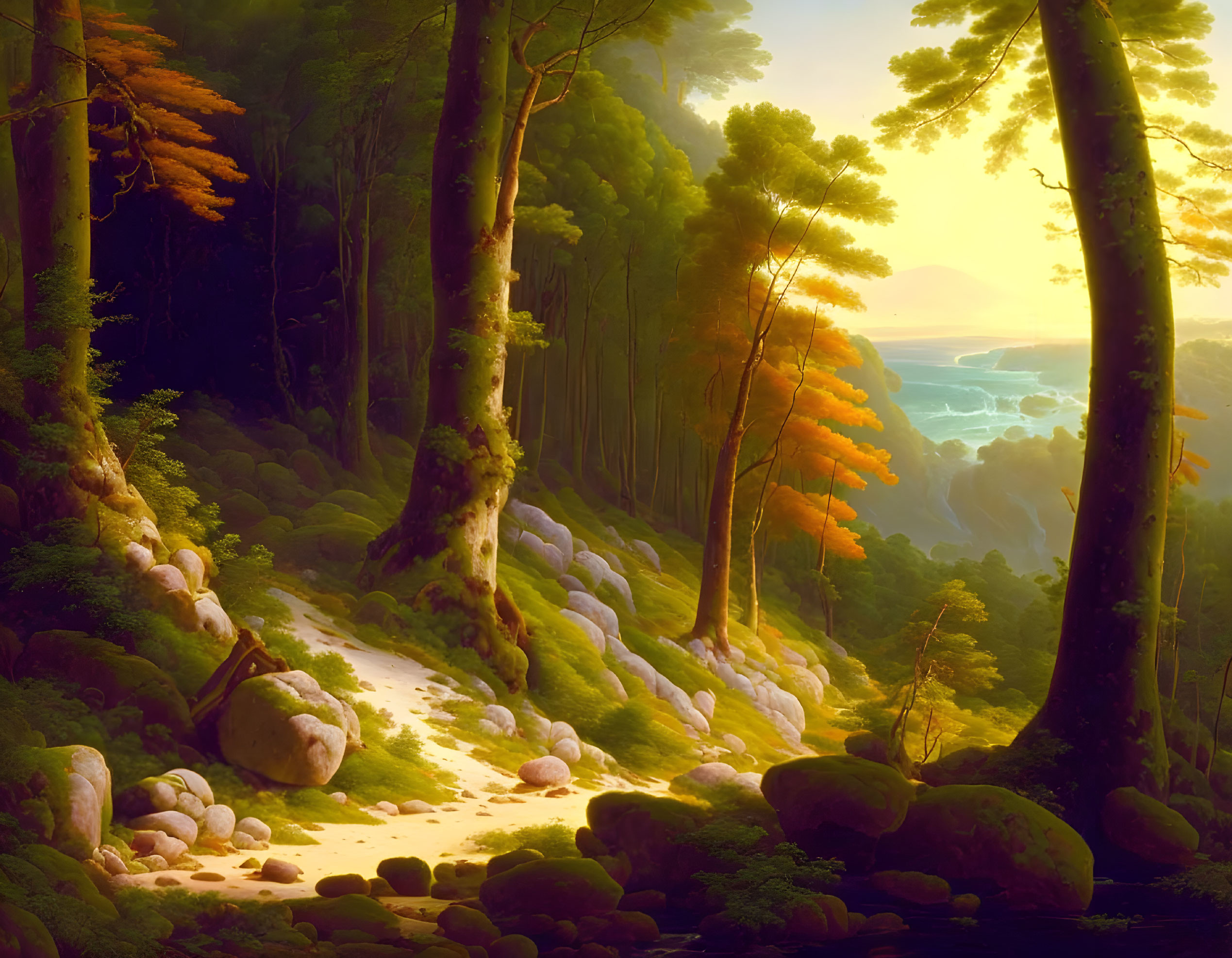 Tranquil forest landscape with sunlight, path, boulders, and sea view