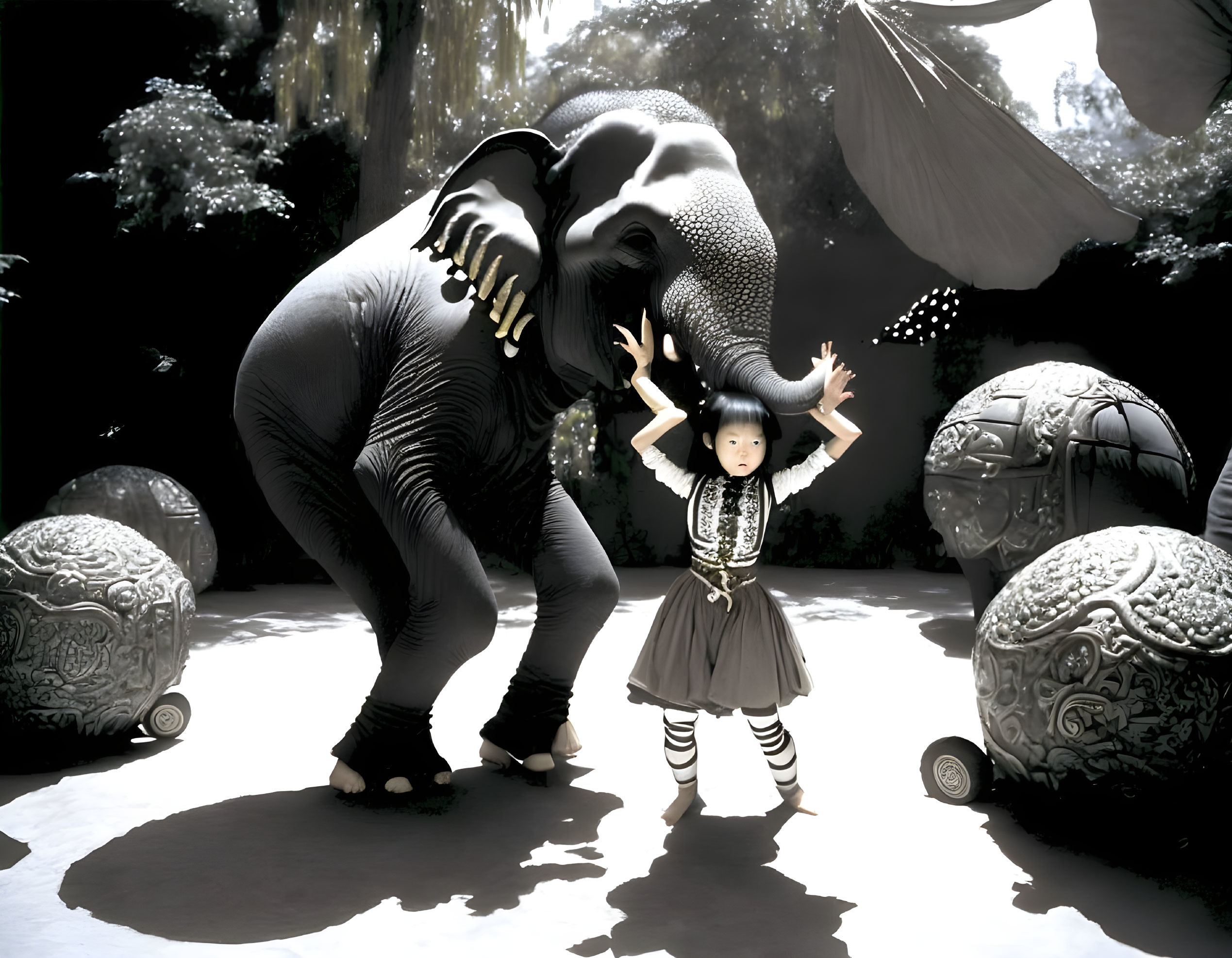 Young girl in striped tights under elephant in stone-carved setting